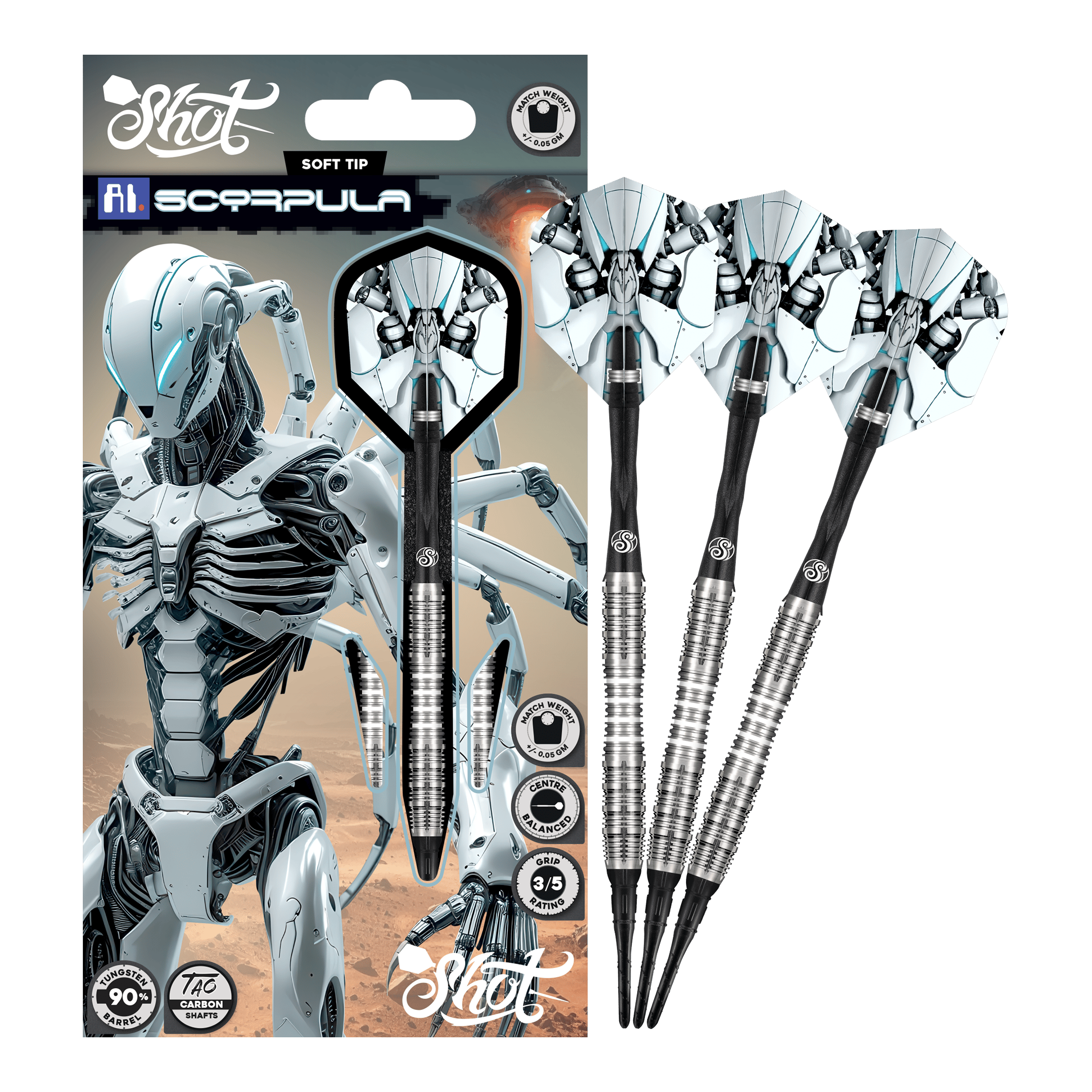 Hier ist der Shot AI Scorpula Softdarts - 20g in voller Länge dargestellt. Der Dart zeichnet sich durch seine hochwertige Verarbeitung aus.