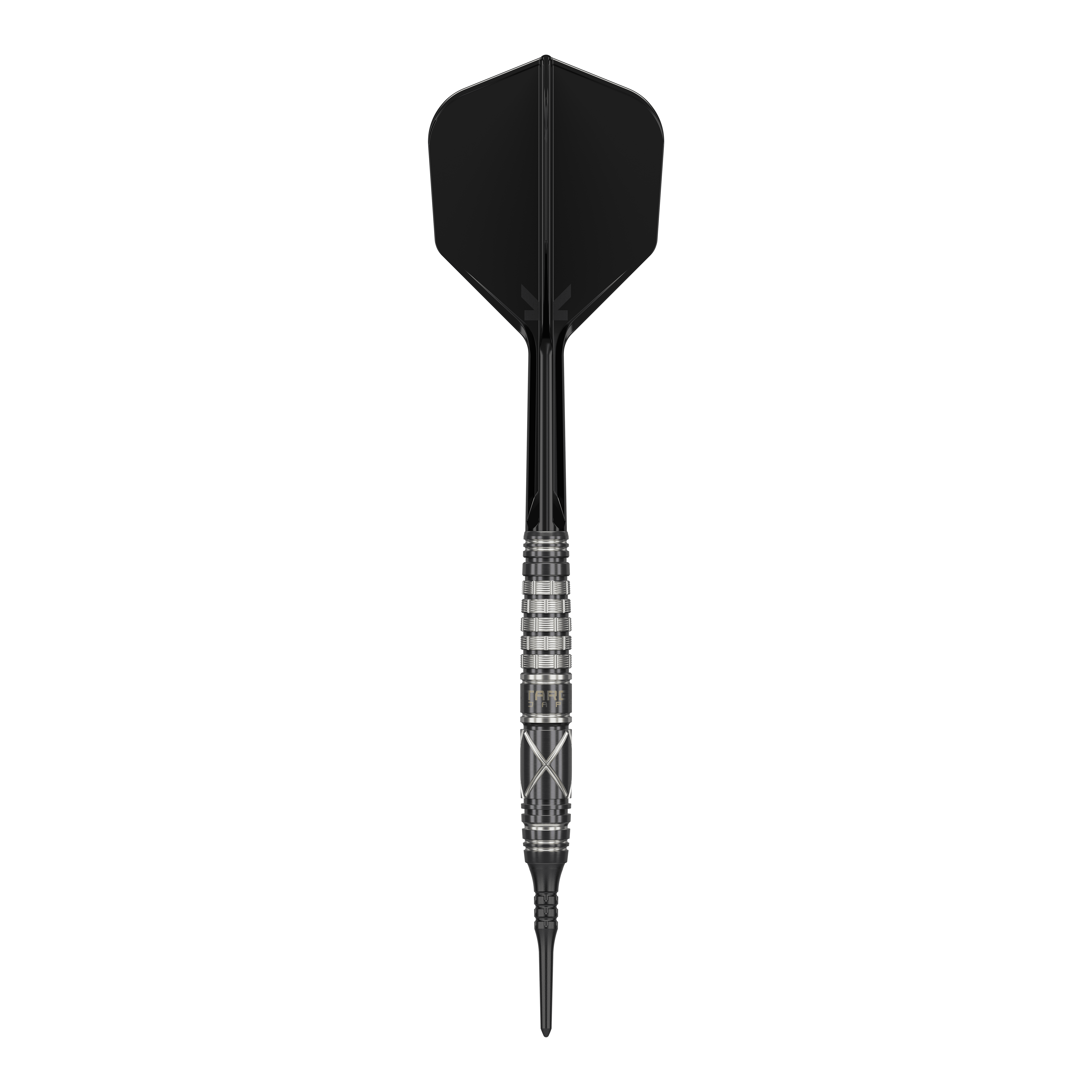 Target Japan Black Marque Chaos 2 freccette morbide - 19 g Das Bild zeigt einen Softdart namens "Target Japan Black Marque Chaos 2" mit einem Gewicht von 19 Gramm. Der Dart hat ein elegantes, schwarzes Design mit silbernen Akzenten am Griff.