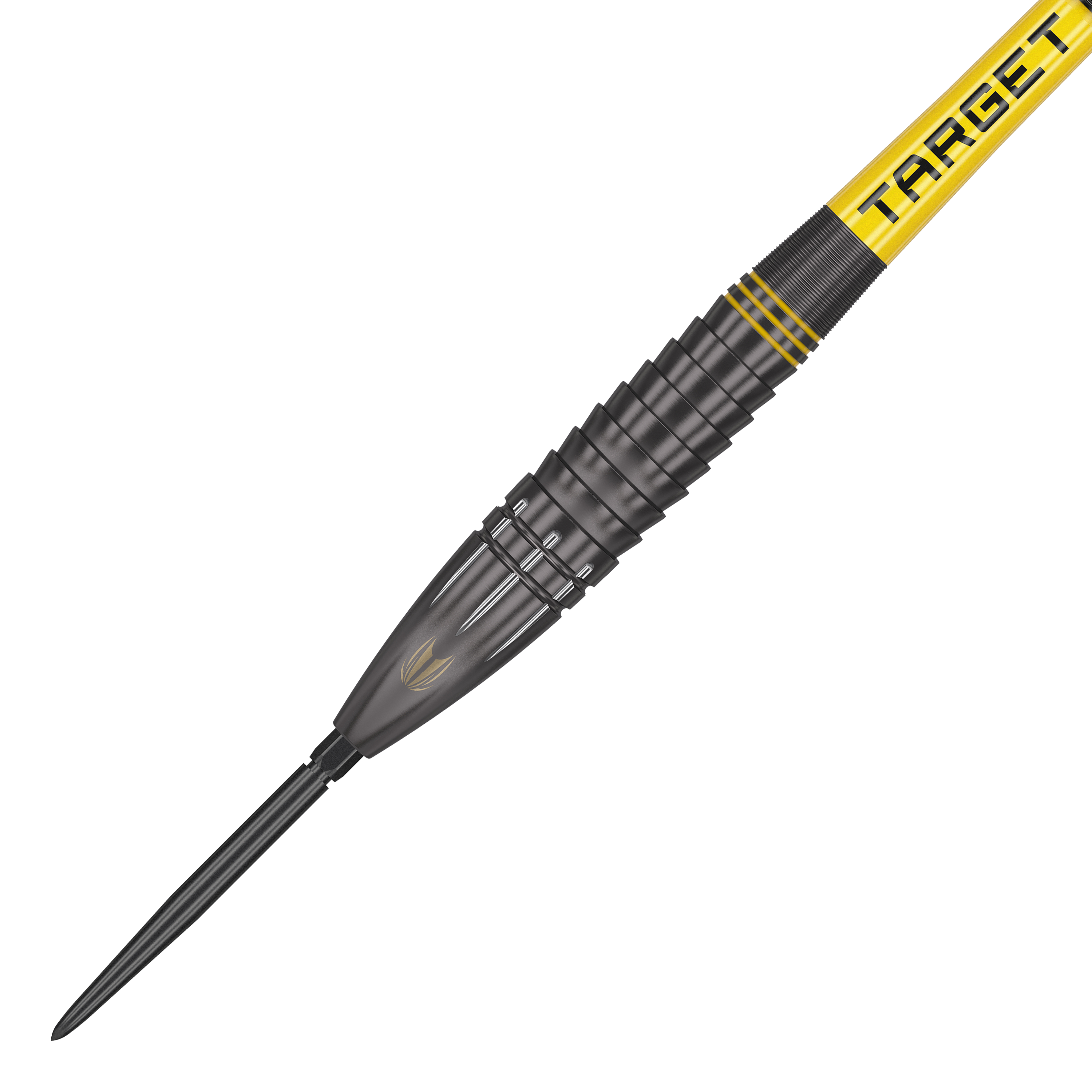 Freccette in acciaio Target Scott Williams Shaggy Black Swiss Point Das Bild zeigt den Target Scott Williams Shaggy Black Swiss Point Steeldart. Der Dart ist schwarz mit gelben Akzenten und hat die Aufschrift "TARGET" auf dem Schaft.