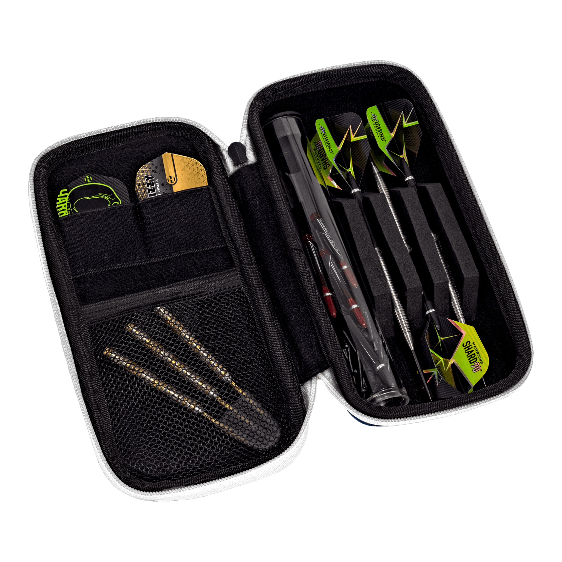 Portafoglio Smart Case Harrows Das Bild zeigt ein geöffnetes Dart-Etui mit mehreren Fächern. Darin befinden sich drei zusammengesteckte Darts, Ersatzteile und weiteres Dart-Zubehör.