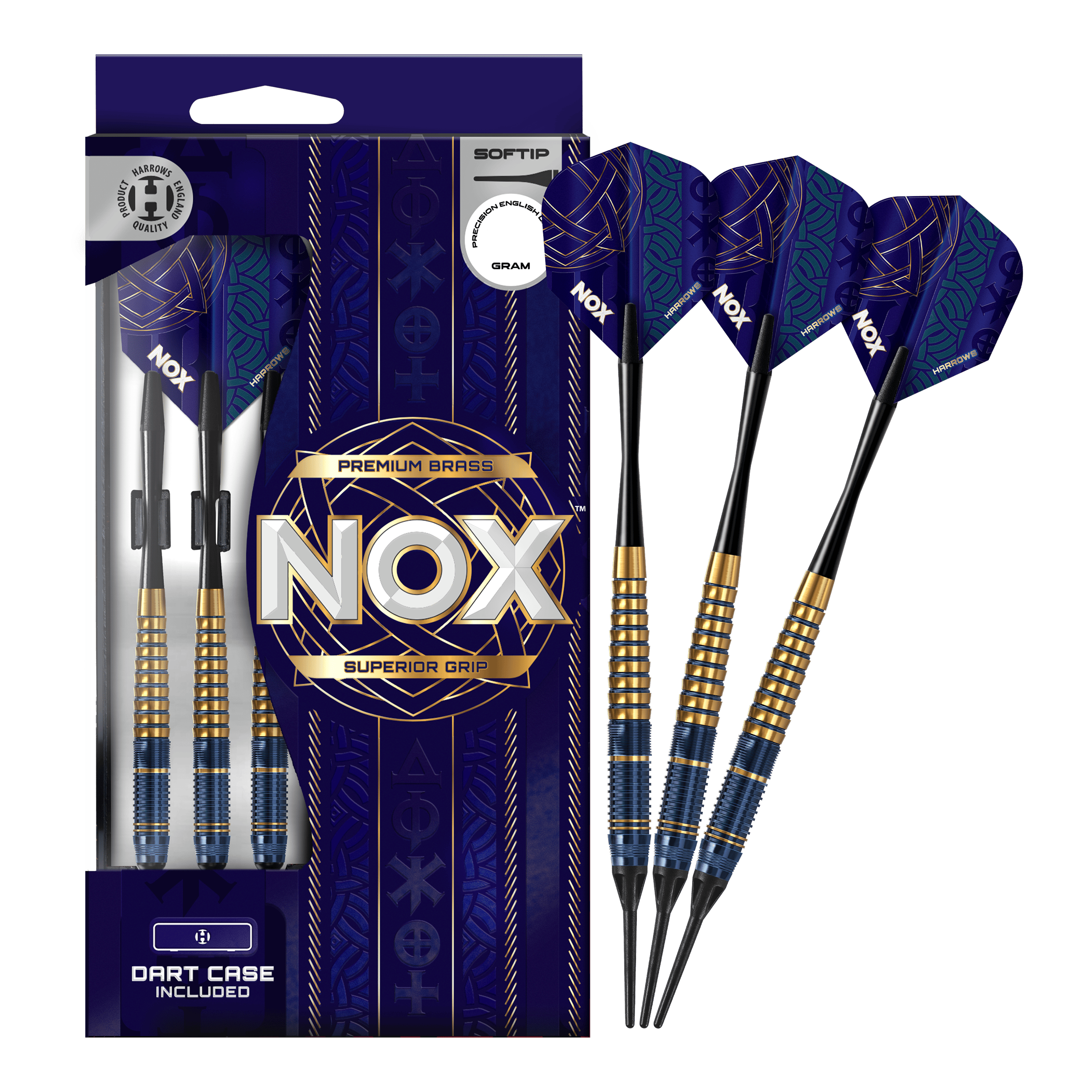 Freccette morbide in ottone premium Harrows Nox Das Bild zeigt die Harrows Nox Premium Brass Softdarts. Es handelt sich um hochwertige Dartpfeile für Softdart-Spieler.