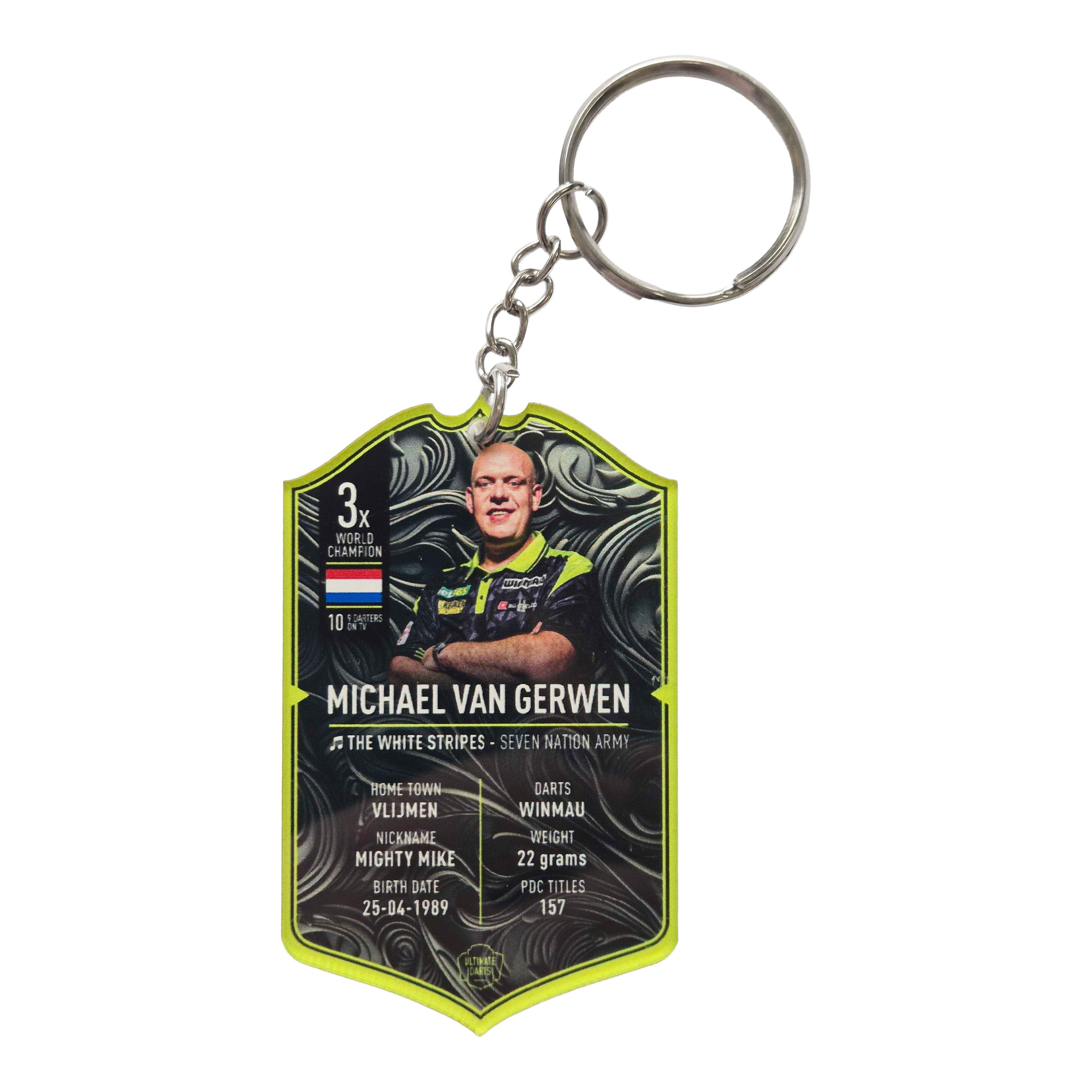 Portachiavi con carte Ultimate Darts - Michael Van Gerwen Ultimate Darts Card Schlüsselanhänger - Michael Van Gerwen ist zu sehen. Der Schlüsselanhänger zeigt ein Motiv des berühmten Dartspielers Michael Van Gerwen.
