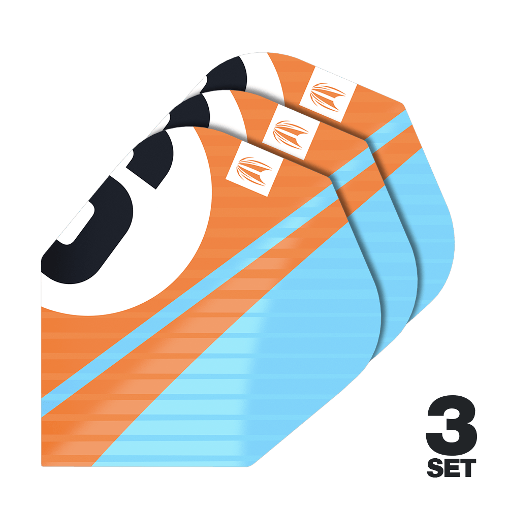 Alette Target Pro Ultra Chicane Orange No6 - 3 set Das Bild zeigt drei Sets von Target Pro Ultra Chicane Orange No6 Flights für Dartpfeile. Die Flights sind in Orange, Blau und Schwarz gestaltet und tragen das Target-Logo.