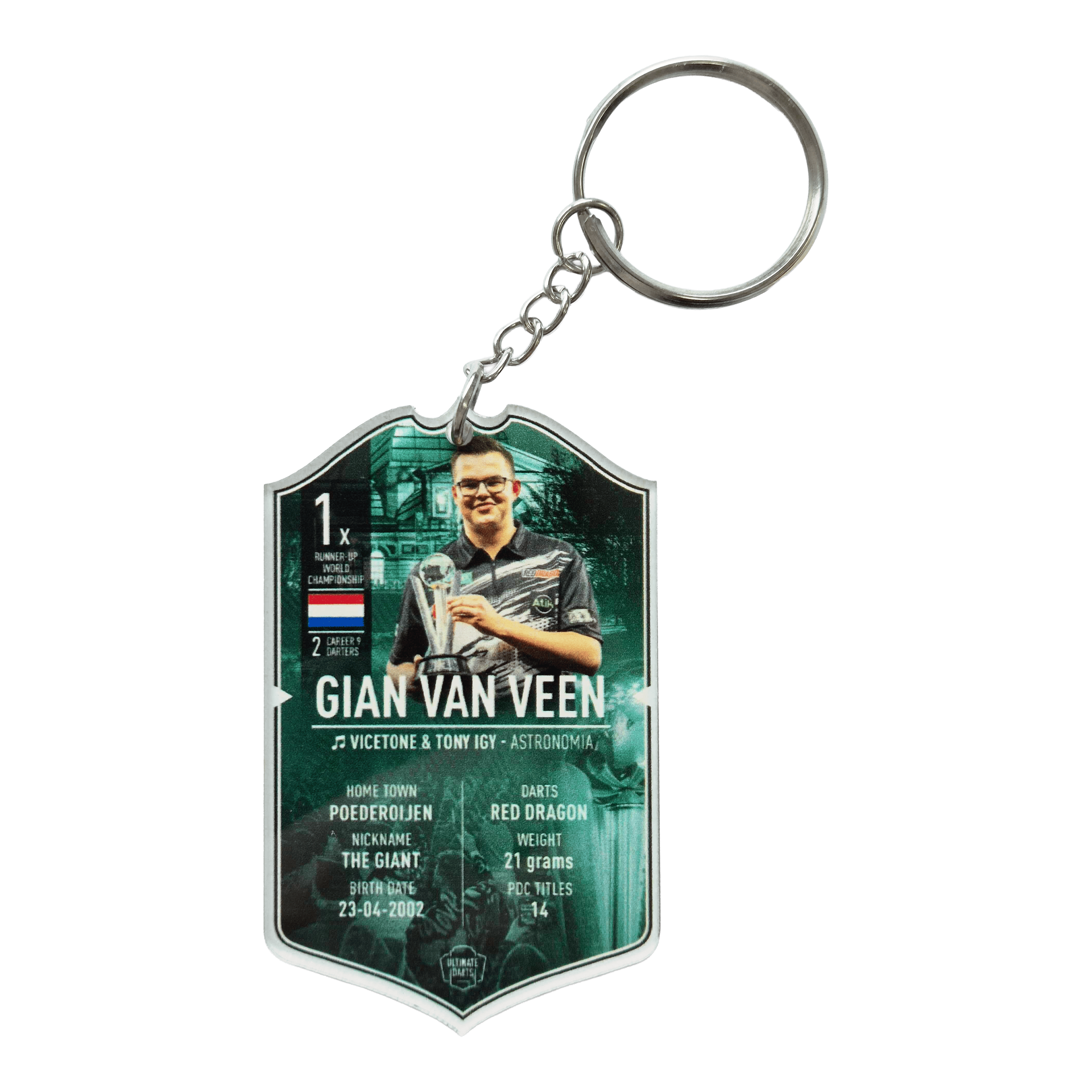 Portachiavi con carte Ultimate Darts - Gian Van Veen Ultimate Darts Card Schlüsselanhänger - Gian Van Veen ist abgebildet. Es handelt sich um einen Schlüsselanhänger mit dem Bild des Dartspielers Gian Van Veen.