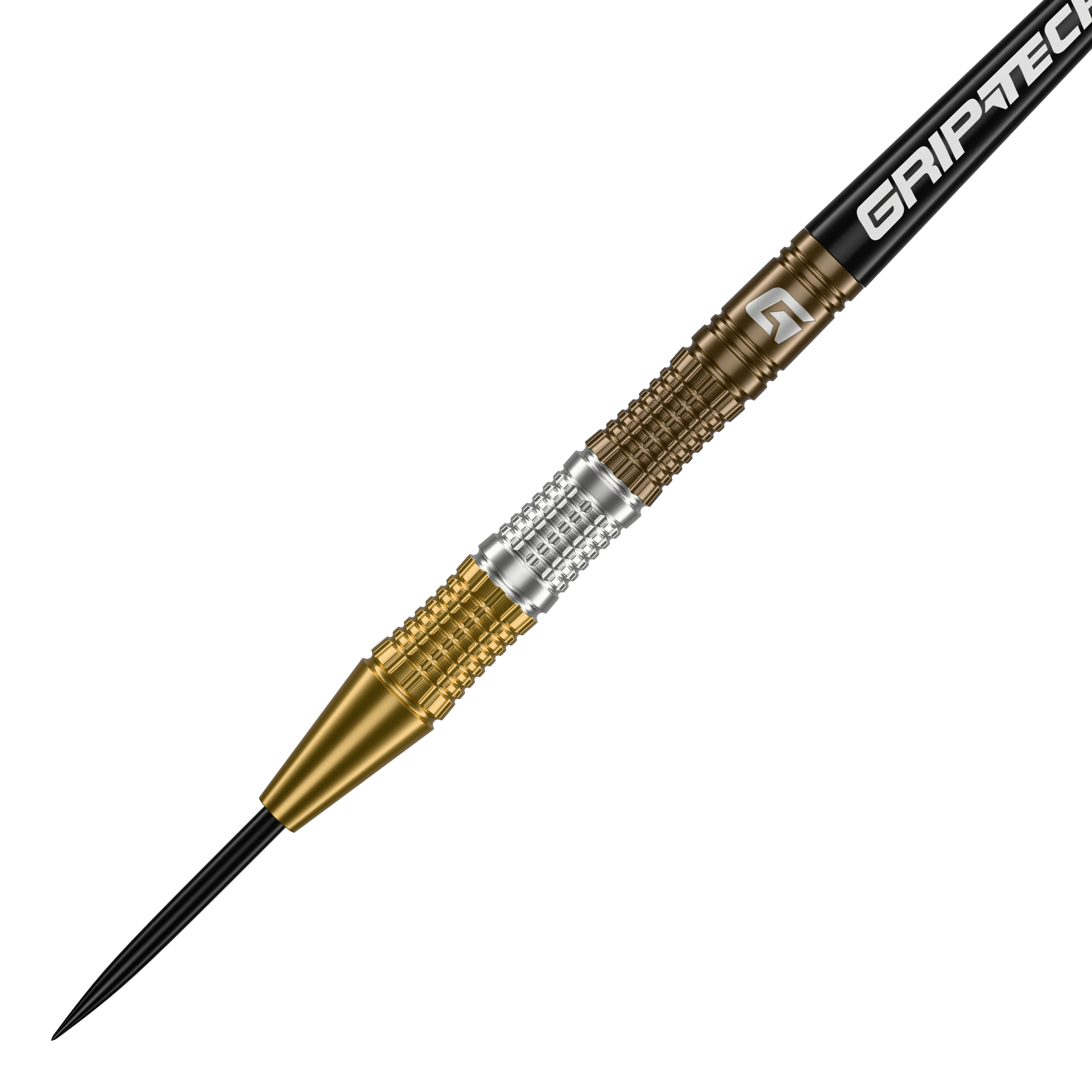 Freccette in acciaio al tungsteno GOAT Ceremony Dies ist ein GOAT Ceremony Tungsten Steeldart mit einem goldenen und silbernen Griffbereich. Auf dem Schaft steht das Wort "GRIPTECH".