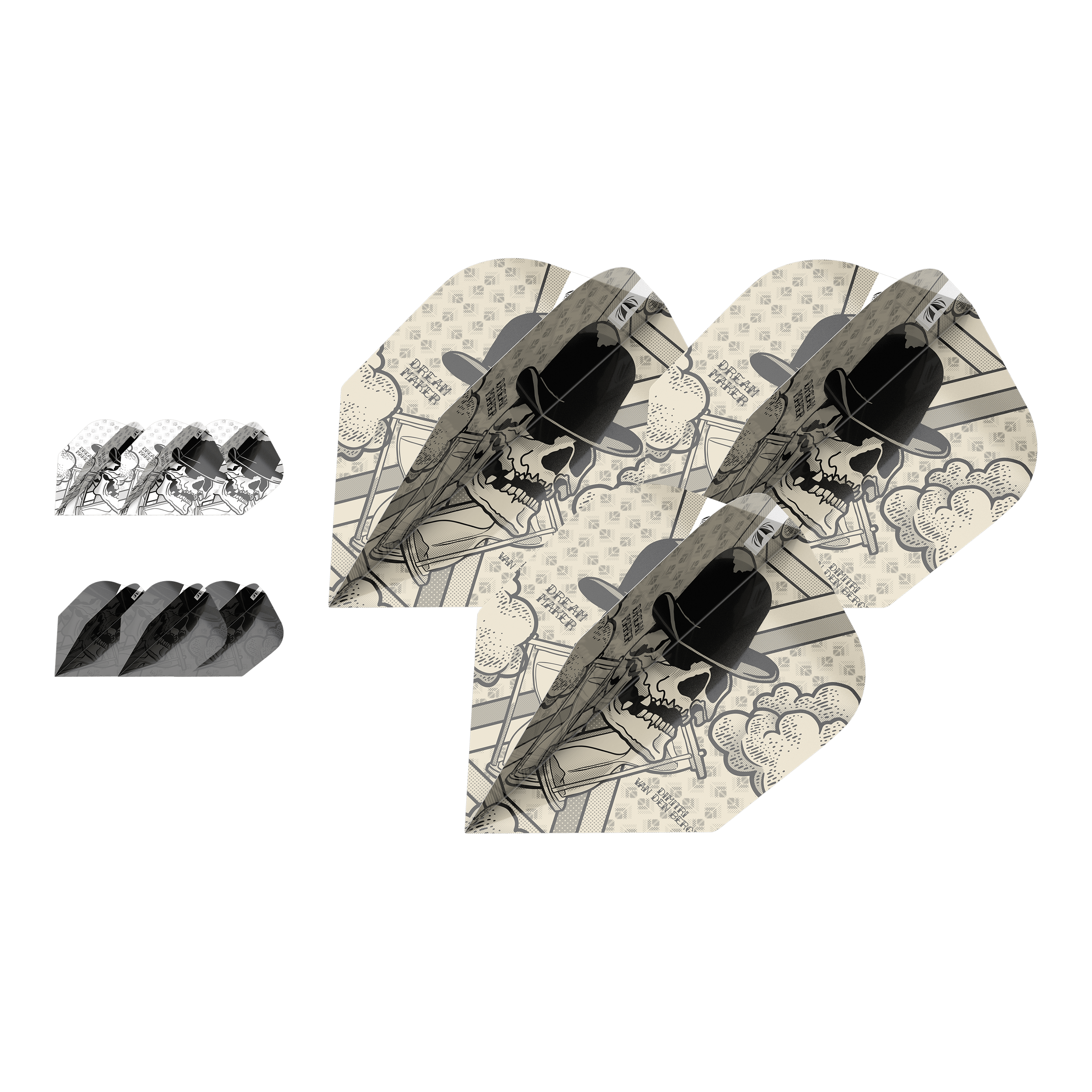 Target Ink Bundle 3 set di alette Dimitri Van Den Bergh No6 Das Bild zeigt drei Sets Dimitri Van Den Bergh No6 Flights aus der Target Ink Bundle Serie. Die Flights haben ein auffälliges Design mit einem Totenkopf, der einen Hut trägt.