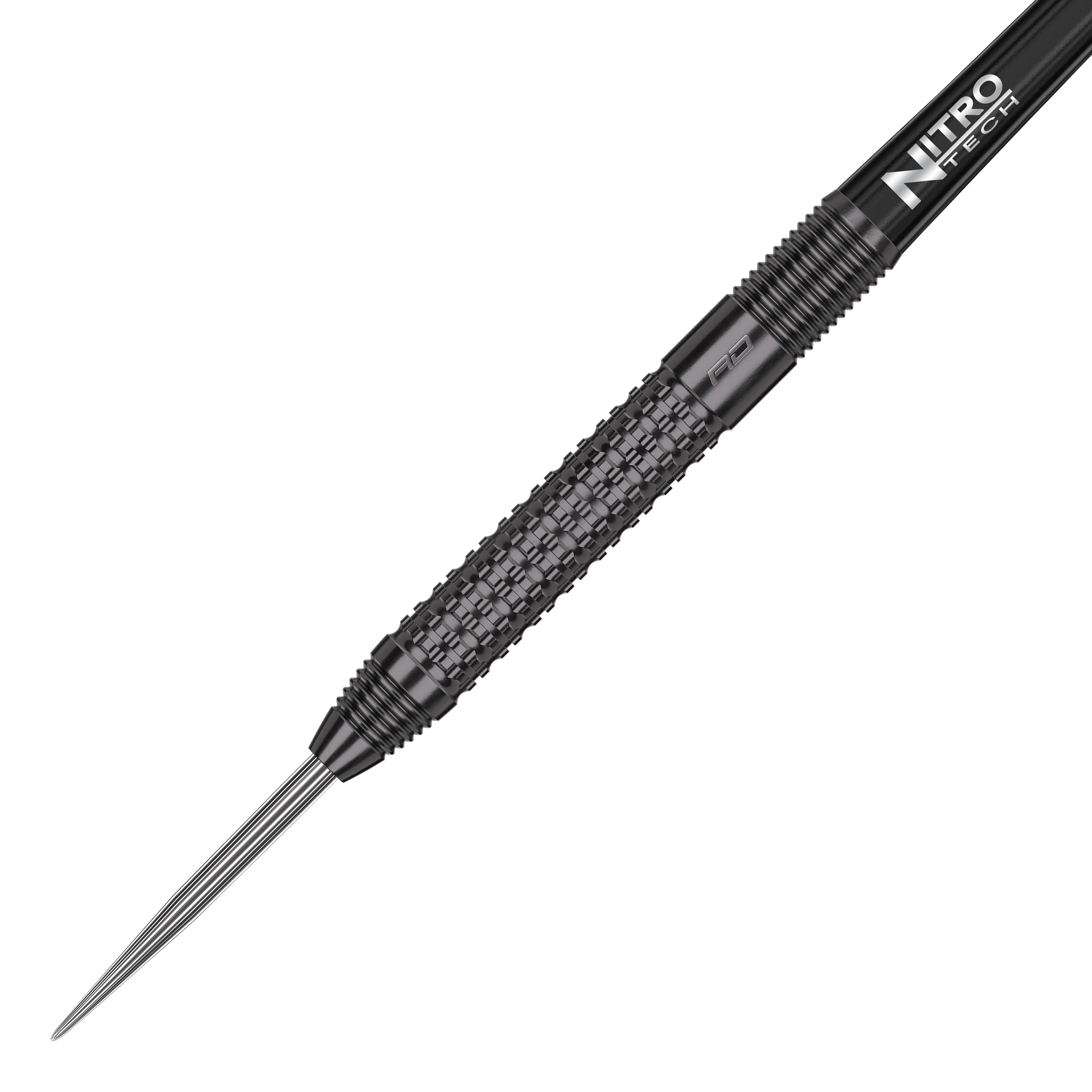 Dardi d'acciaio Red Dragon T-800 Das Bild zeigt einen Red Dragon T-800 Steeldart. Der Dartpfeil hat ein schwarzes, strukturiertes Griffstück und eine scharfe Metallspitze.