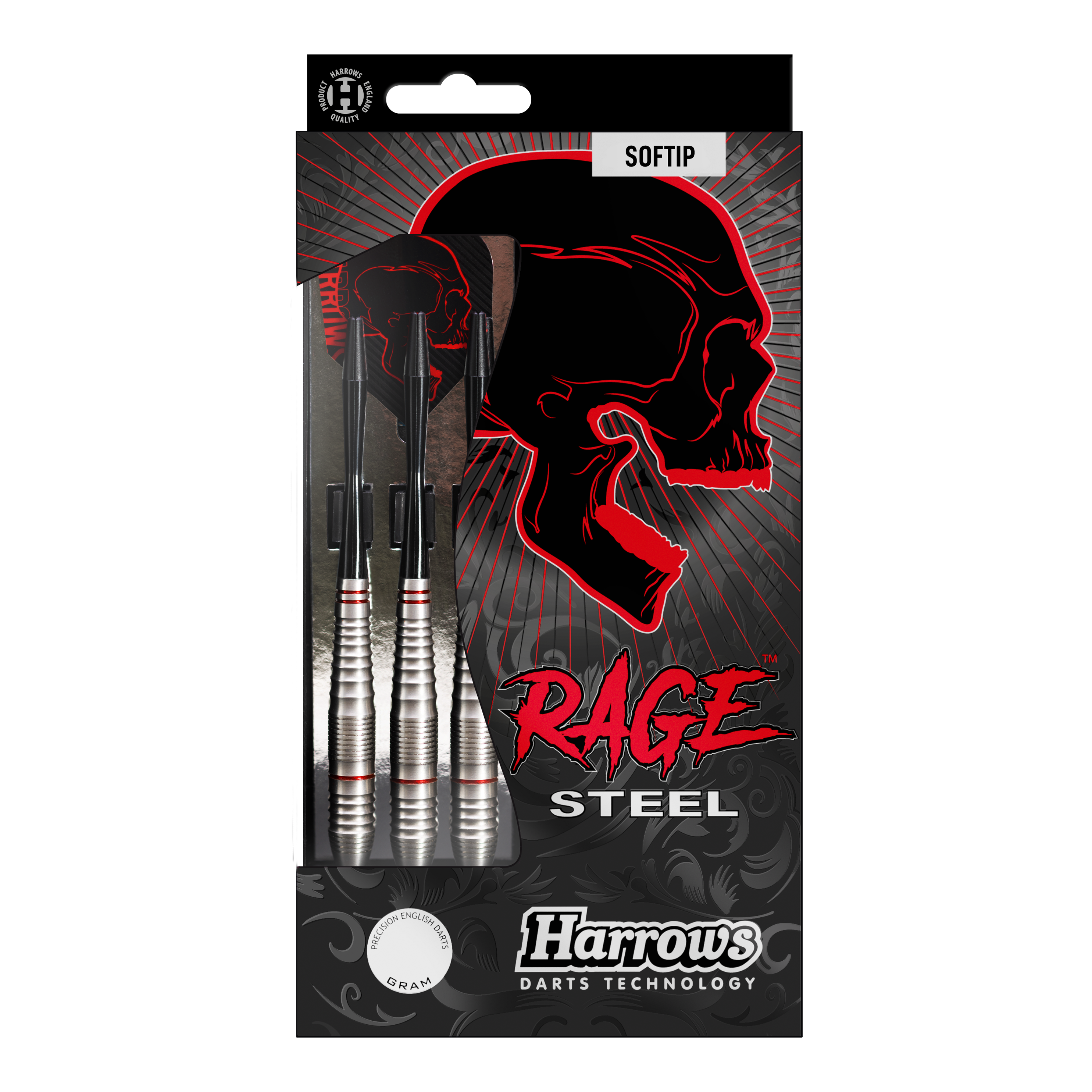 Freccette morbide Harrows Rage Das Bild zeigt eine Packung Harrows Rage Softdarts mit drei silbernen Darts. Auf der Verpackung ist ein roter Totenkopf und der Schriftzug "Rage" auffällig zu sehen.