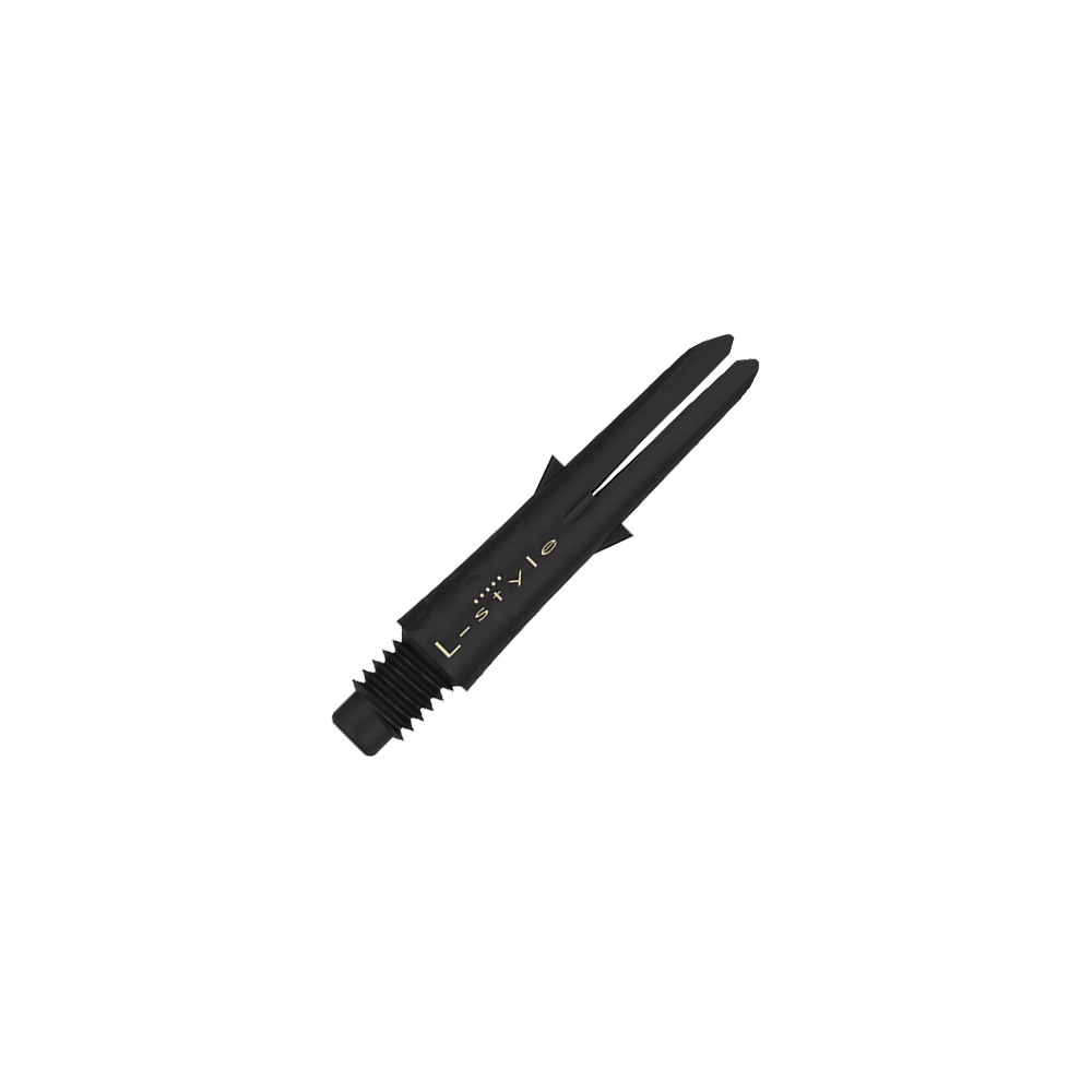 Aste in carbonio stile L Das Bild zeigt einen schwarzen Dart-Schaft aus Carbon mit der Aufschrift "L-style". Der Schaft ist ohne Kappen und hat ein Gewinde am unteren Ende.
