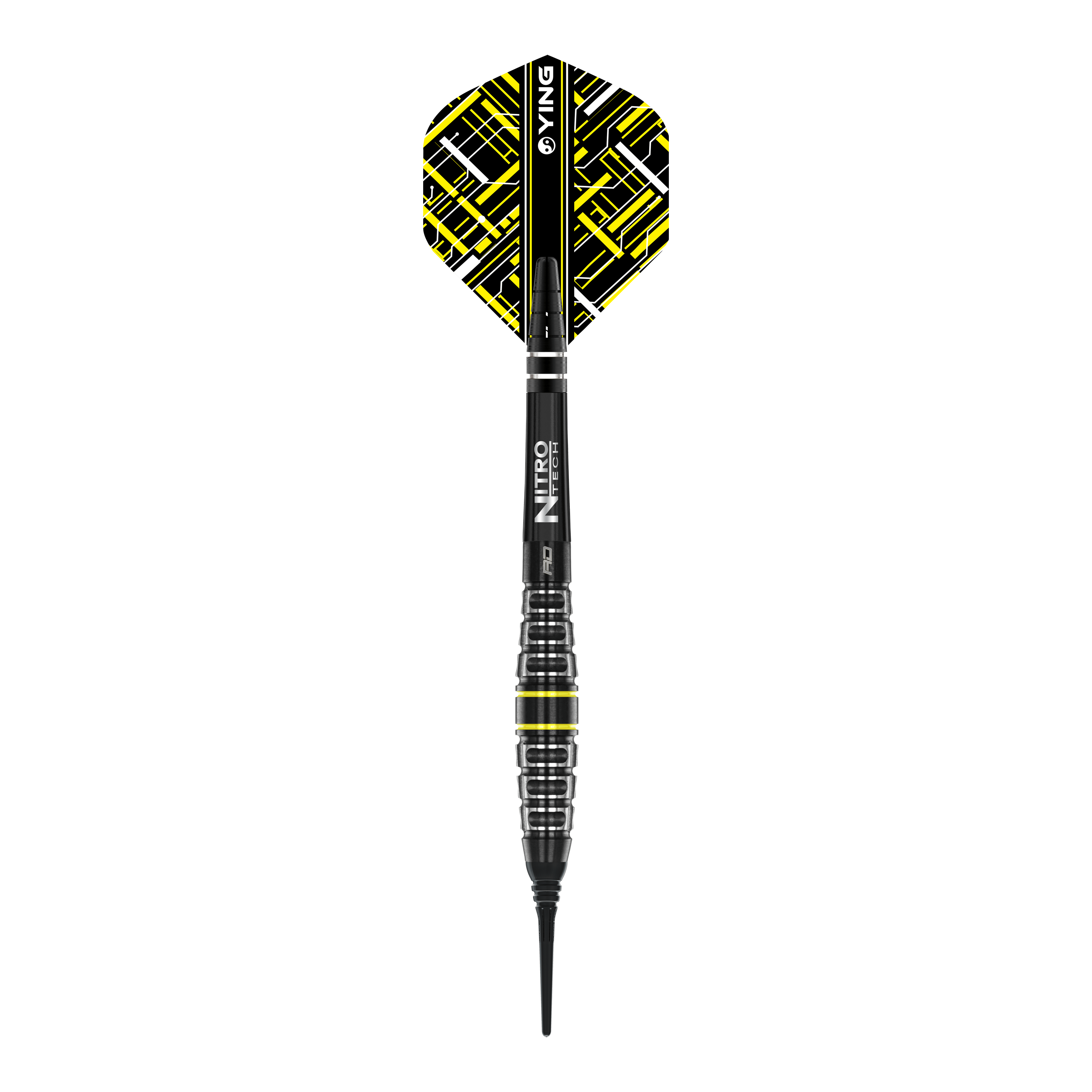 Freccette morbide Red Dragon Astraeus Q4X Torpedo - 20 g Das Bild zeigt den Red Dragon Astraeus Q4X Torpedo Softdart mit einem Gewicht von 20g. Der Dart hat ein modernes Design mit schwarzen und gelben Akzenten.