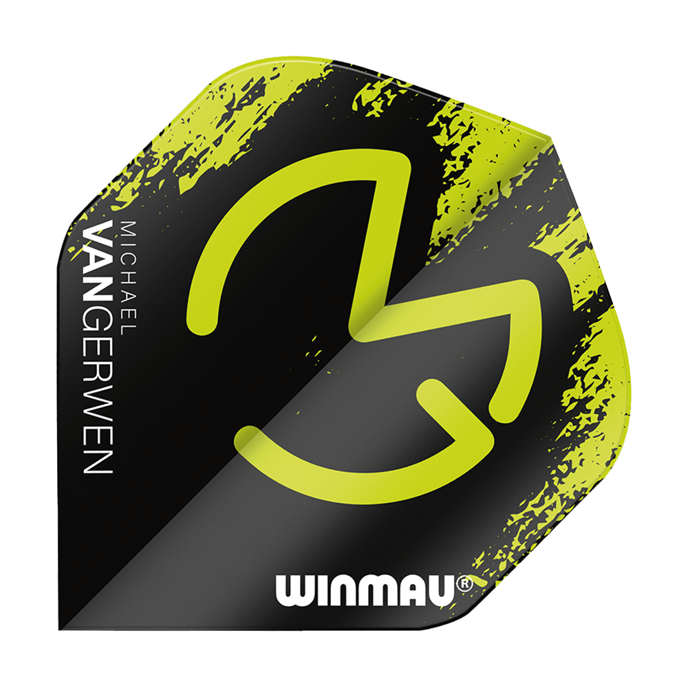6900-234_Winmau_Mega_MvG_Green_Black_Standard_Flights_1IegHensjrWwb1 Das Bild zeigt das Produkt "Winmau Mega MvG Green Black Standard Flights". Es ist überwiegend schwarz mit grünen Akzenten und trägt den Namen "Michael van Gerwen" sowie das Winmau-Logo.