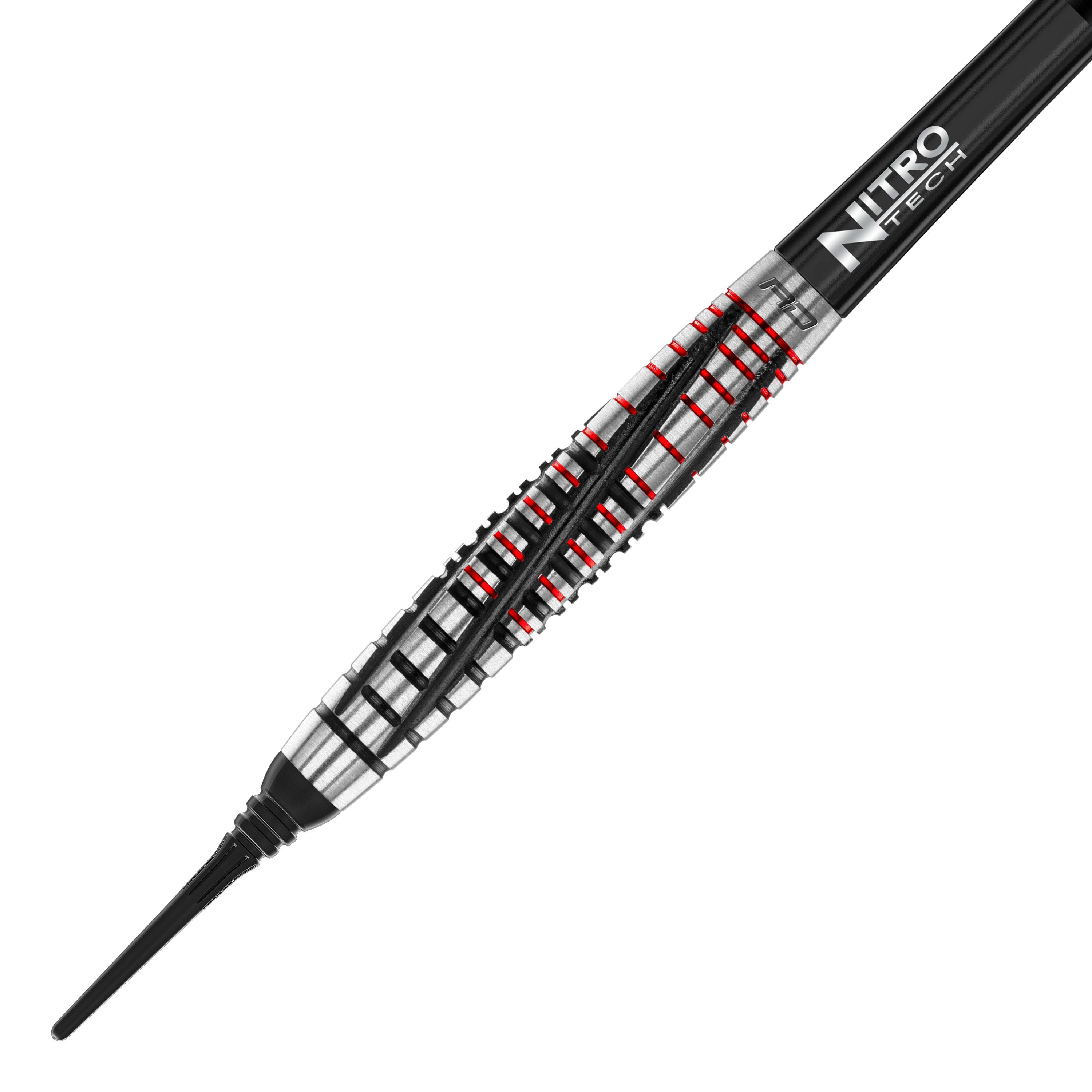 Freccette morbide Red Dragon Rifle - 20 g Das Bild zeigt einen Red Dragon Rifle Softdart mit einem Gewicht von 20 Gramm. Der Dartpfeil hat ein silbernes und schwarzes Design mit roten Akzenten.