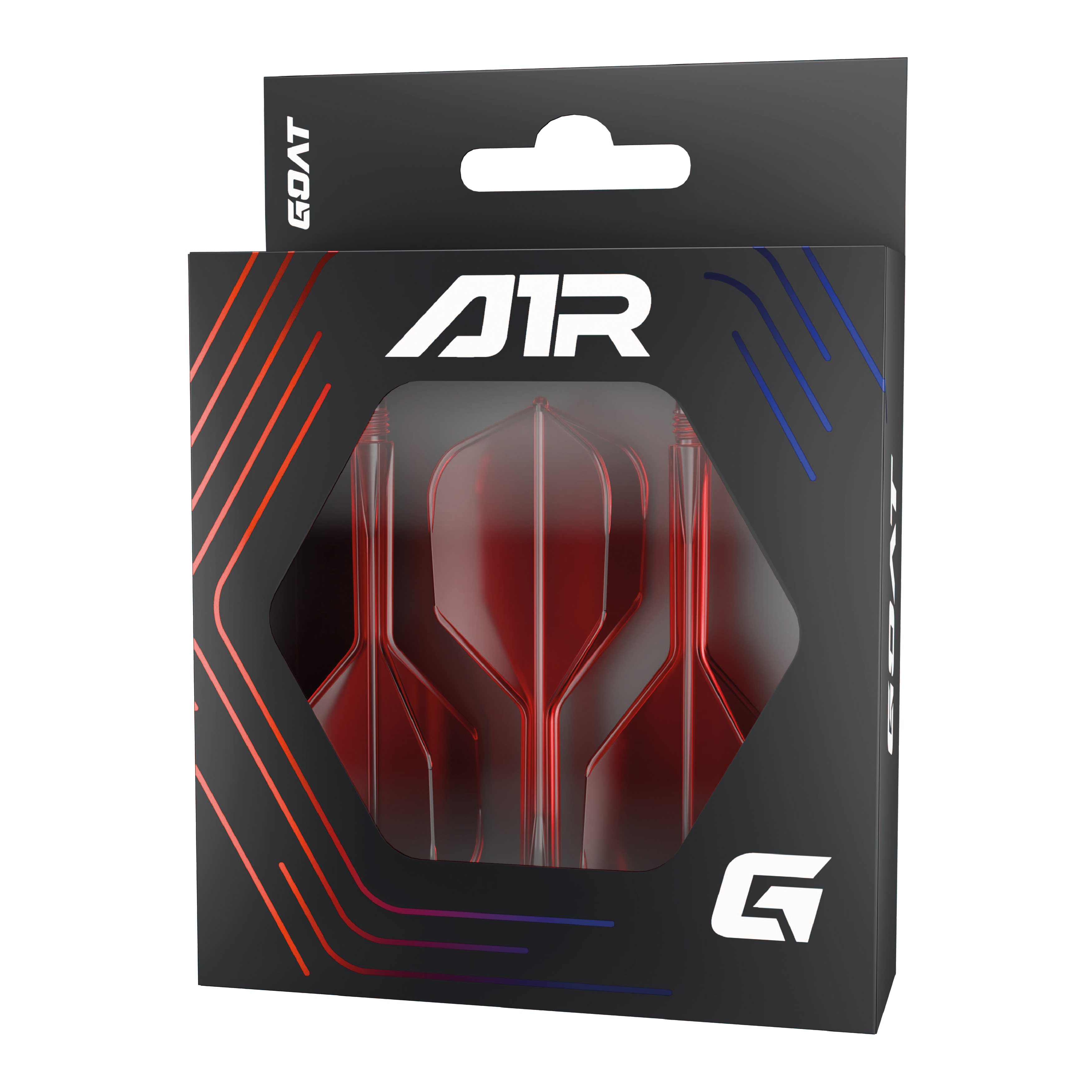 Sistema di alberi di volo GOAT A1R No6 - Rosso Die Abbildung zeigt das Produkt "GOAT A1R No6 Flight-Shaft-System – Rot" in seiner Verpackung. Im Sichtfenster der Schachtel sind drei rote Dart-Flights und -Schäfte zu sehen.