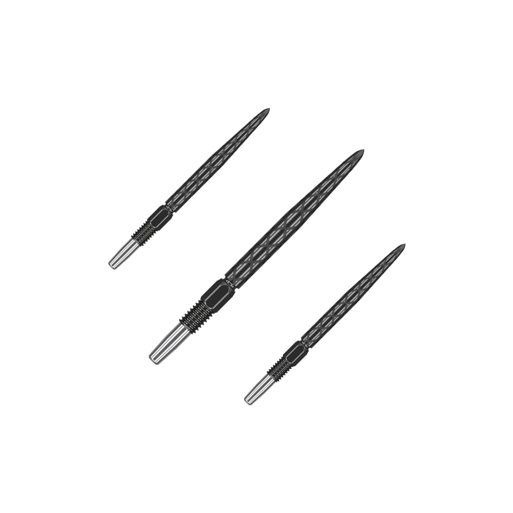 Punte per freccette Target Swiss Diamond Pro Black Points Das Bild zeigt drei schwarze Dartspitzen mit silbernem Ende. Die Spitzen haben ein Rautenmuster und sind nebeneinander angeordnet.