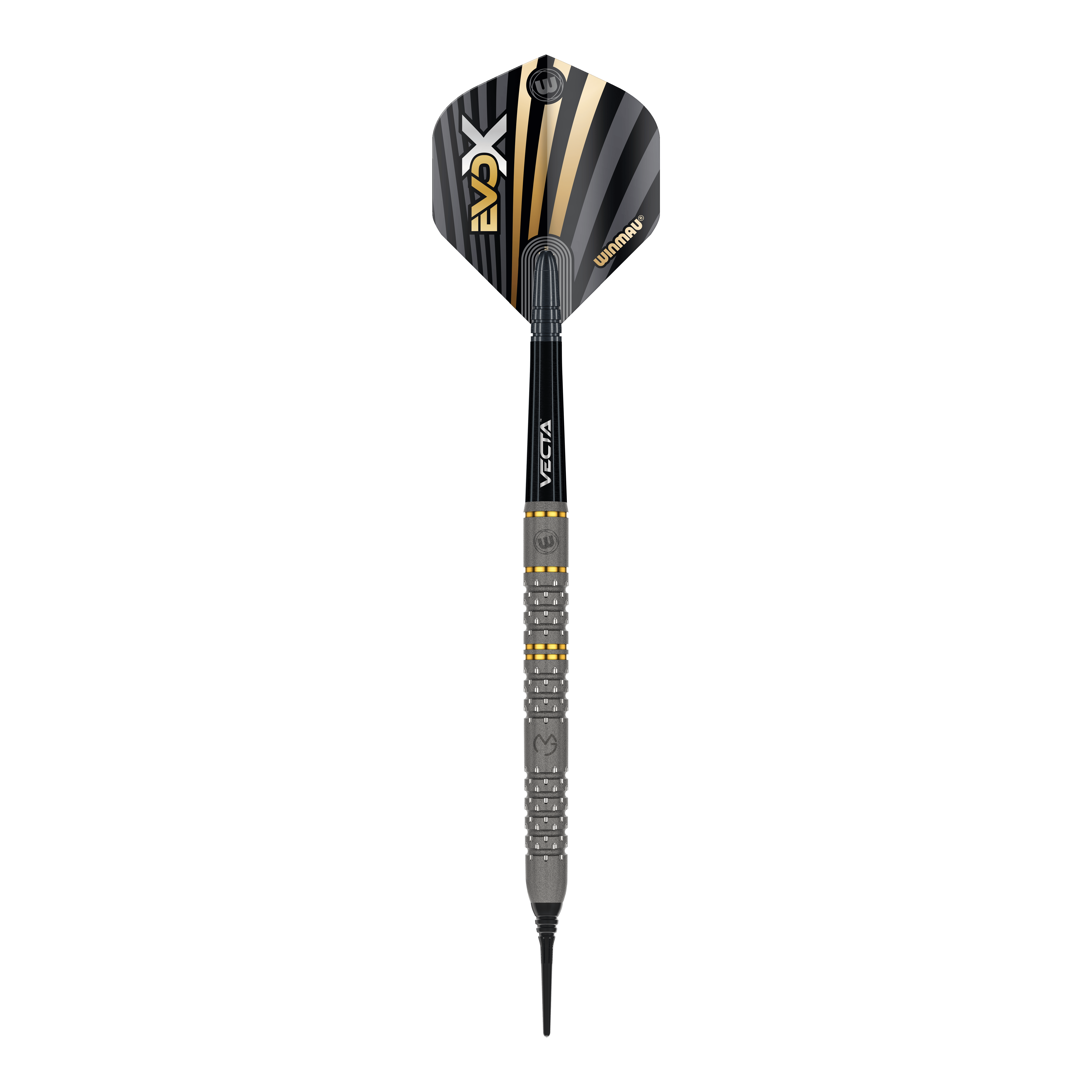 Freccette morbide Winmau Michael Van Gerwen Evo-X - 20g Das Bild zeigt einen Winmau Michael Van Gerwen Evo-X Softdart mit einem Gewicht von 20g. Der Dart hat ein modernes Design mit schwarz-goldenen Akzenten und einer strukturierten Griffzone.