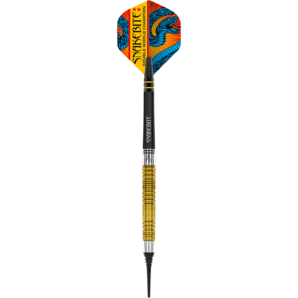 Red Dragon Peter Wright Doppio Campione del Mondo SE Gold Plus Softdarts - 20g Das Bild zeigt einen Softdart mit goldfarbenem Griff und bunter Spitze. Auf dem Flight steht "Snakebite Double World Champion" und es ist ein blauer Drache abgebildet.