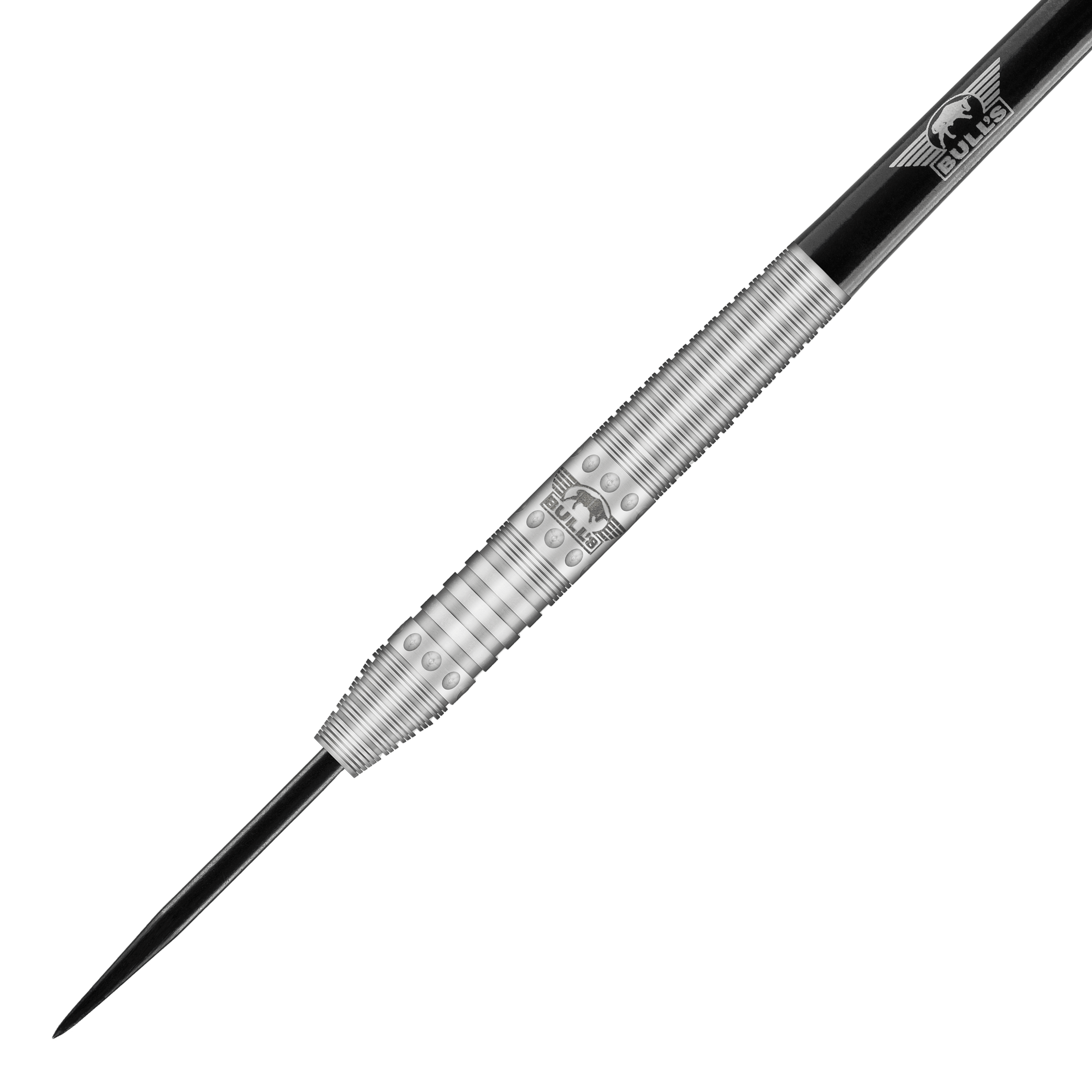 Bulls NL Richard Veenstra 80 freccette in acciaio - 23 g Das Bild zeigt einen silbernen Steeldartpfeil mit schwarzer Spitze und silbernen Ringen. Auf dem Barrel ist das Logo von Bulls NL eingraviert.