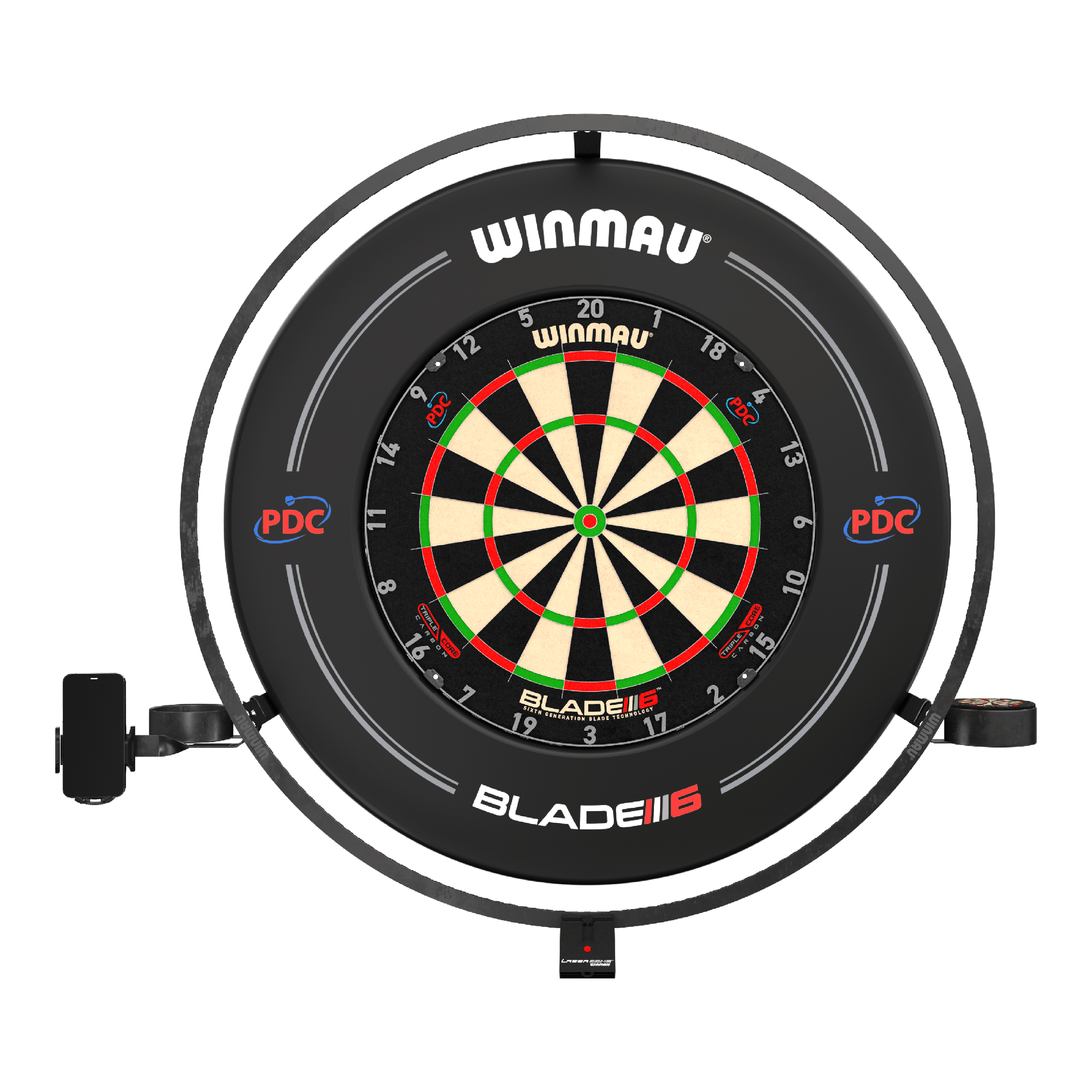 Set di accessori al plasma Winmau Das Bild zeigt das Produkt "Winmau Plasma Zubehör Set" mit einer Dartscheibe und einem umgebenden LED-Leuchtring. Das Set ist für professionelles Dartspielen geeignet und trägt das PDC-Logo.