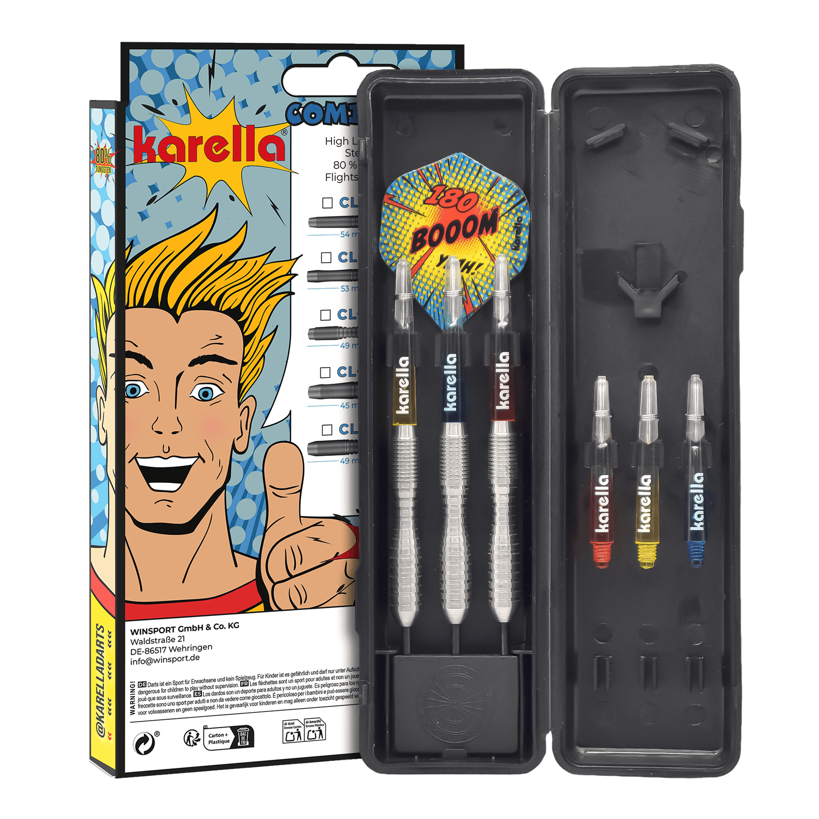Freccette in acciaio Karella Comic Line CL-3 - 24 g Die Abbildung zeigt die Karella Comic Line CL-3 Steeldarts mit einem Gewicht von 24g. Die Darts sind für den professionellen Einsatz geeignet und haben ein ansprechendes Design.