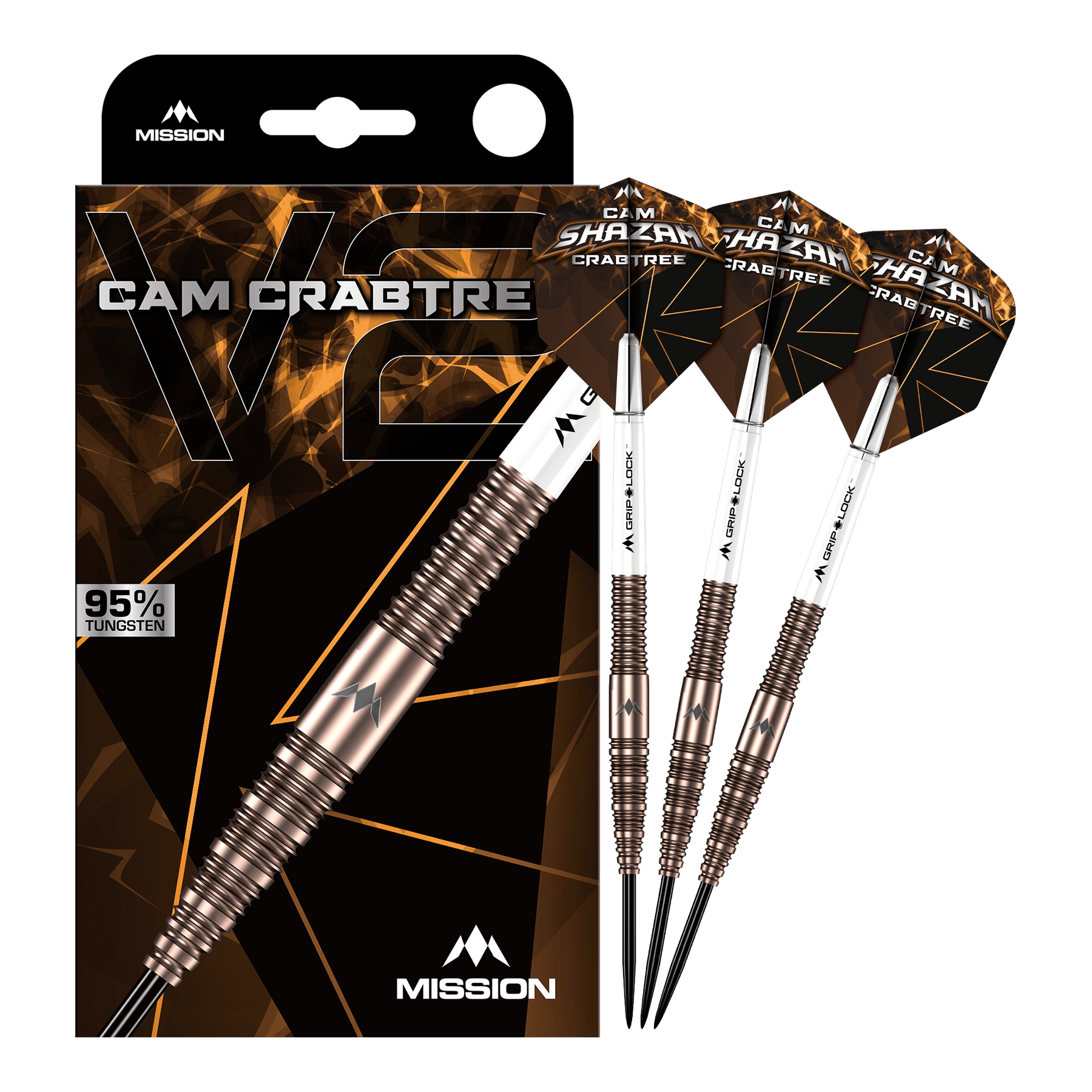 Freccette Mission Cam Crabtree V2 in acciaio al tungsteno al 95% Das Bild zeigt die Mission Cam Crabtree V2 Steeldarts in voller Ansicht. Es handelt sich um ein Set von Steeldarts, präsentiert von vorne.