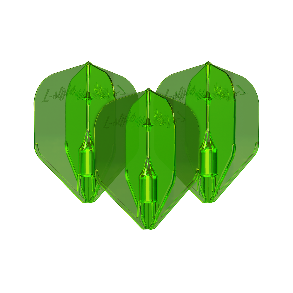 Alette Fantom L3EZ stile L verdi Das Bild zeigt drei grüne L-Style Fantom L3EZ Flights für Dartpfeile. Die Flights sind durchsichtig und haben eine glänzende Oberfläche.