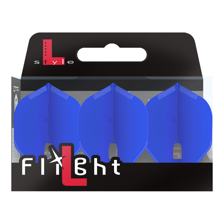 L-Style Champagne L1PRO Flights Auf dem Bild ist eine Packung mit drei blauen Dart-Flights der Marke L-Style zu sehen. Die Verpackung ist überwiegend schwarz und trägt die Aufschrift „Flight“.