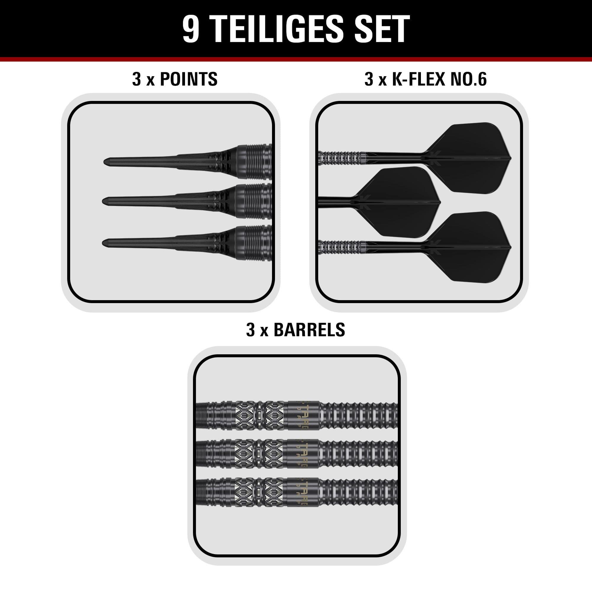 Freccette morbide Target Black Marque Creed - 21,5 g Produktbild der Target Black Marque Creed Softdarts mit einem Gewicht von 21,5g. Die Darts sind auf hellem Hintergrund abgebildet.