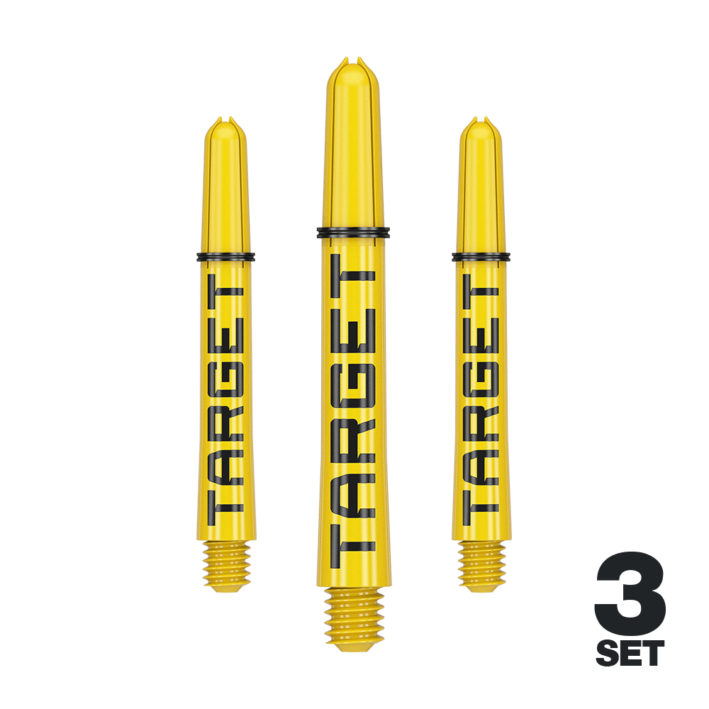 Aste Target Pro Grip TAG - 3 set - Giallo Das Bild zeigt drei gelbe Dart-Schäfte mit der Aufschrift "TARGET". Unten rechts steht "3 SET", was auf ein Set mit drei Stück hinweist.