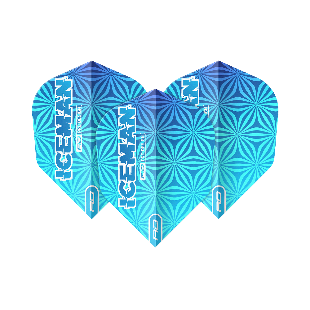 Voli Red Dragon Gerwyn Price Iceman Blue No6 Das Bild zeigt drei blaue Dart-Flights mit geometrischem Muster und der Aufschrift "ICEMAN". Die Flights tragen das Logo "Red Dragon" und sind das Modell "Gerwyn Price Iceman Blue No6".