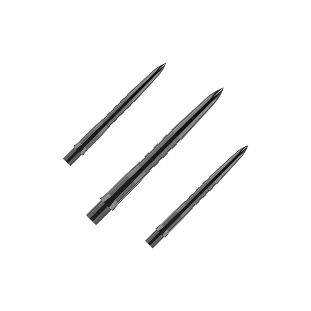 Punte per freccette Mission Caliburn EVO - Scanalate - Nere Das Bild zeigt drei schwarze, gerillte Steeldartspitzen, die parallel zueinander liegen. Die Spitzen sind spitz zulaufend und haben eine glänzende Oberfläche.