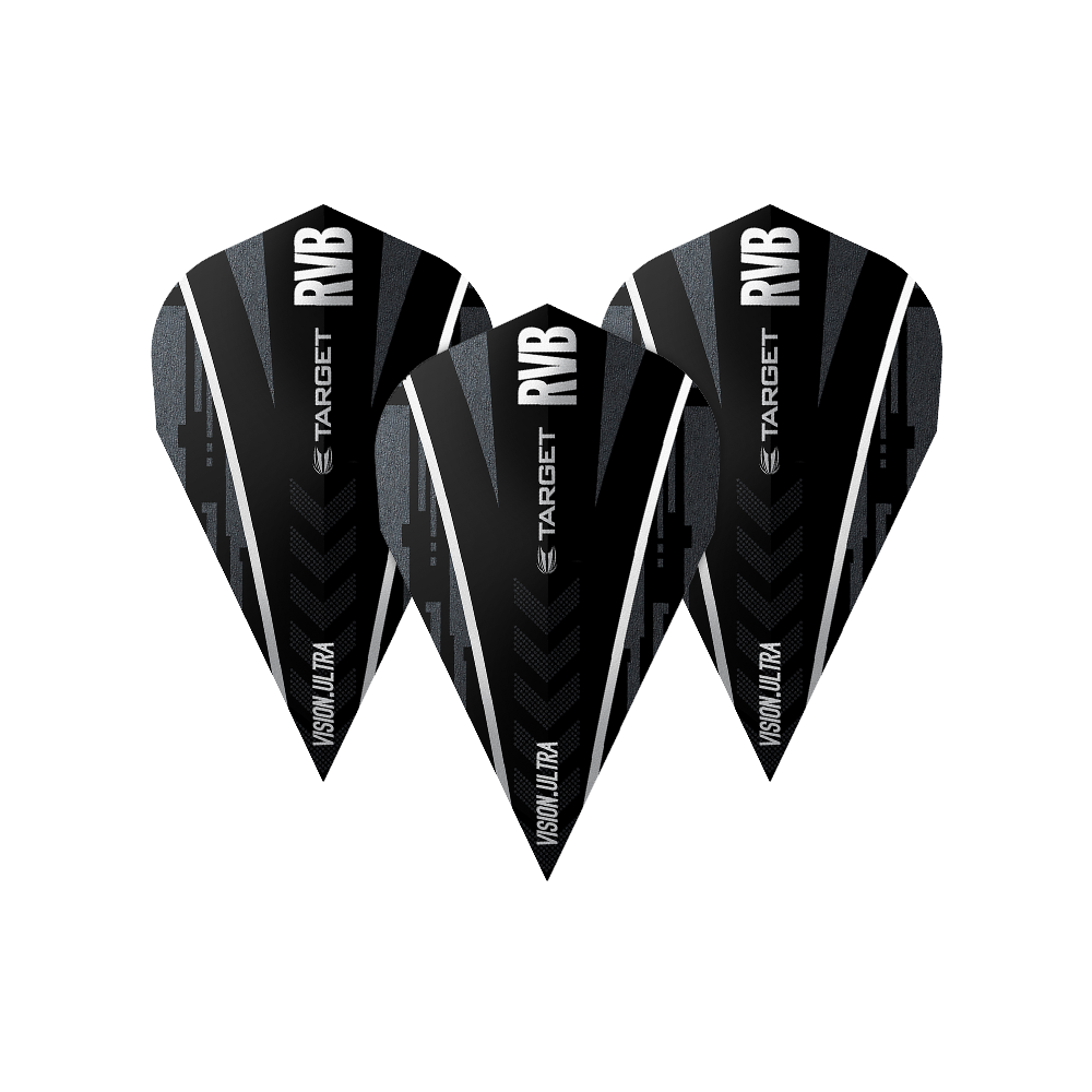 TG58_331780_Target_Ultra_Ghost_RvB_Vapor_Flights_1QEU0GMmfyUfNT Das Bild zeigt drei Dart-Flights des Modells "Target Ultra Ghost RvB Vapor Flights". Sie sind schwarz mit weißen und grauen Akzenten sowie dem Schriftzug "RVB" und "TARGET".
