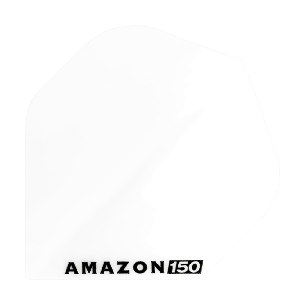 Amazon 150 voli - Bianco Das Bild zeigt ein weißes Dartflight mit der Aufschrift "AMAZON 150" in schwarzer Farbe. Das Flight hat eine klassische, schlichte Form und ist komplett einfarbig.