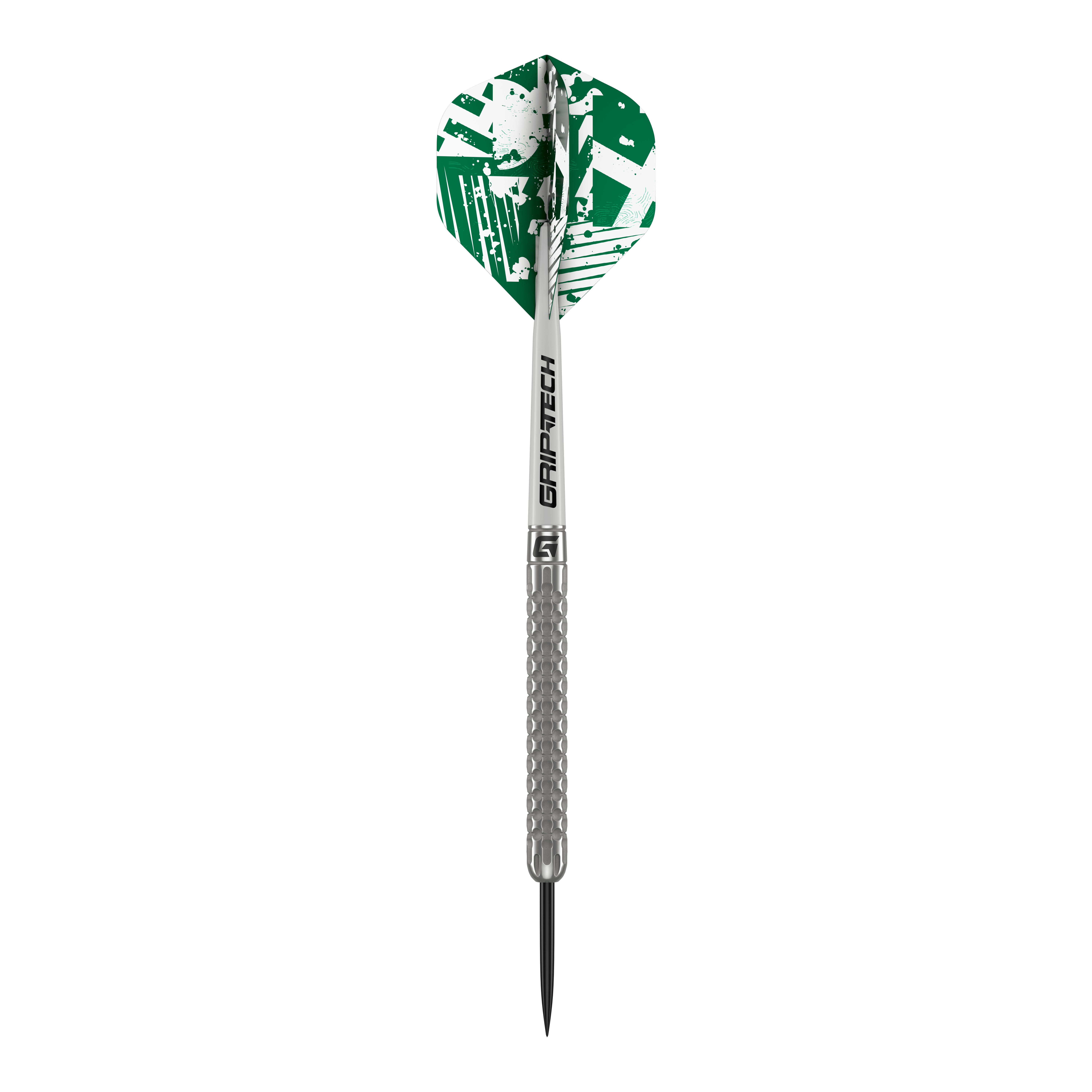 Freccette in acciaio al tungsteno GOAT Fairway V1 Das Bild zeigt einen GOAT Fairway V1 Tungsten Steeldart mit silbernem Schaft und Griffbereich. Die Dartflügel sind grün-weiß gemustert und tragen den Schriftzug "GRIP-TECH".