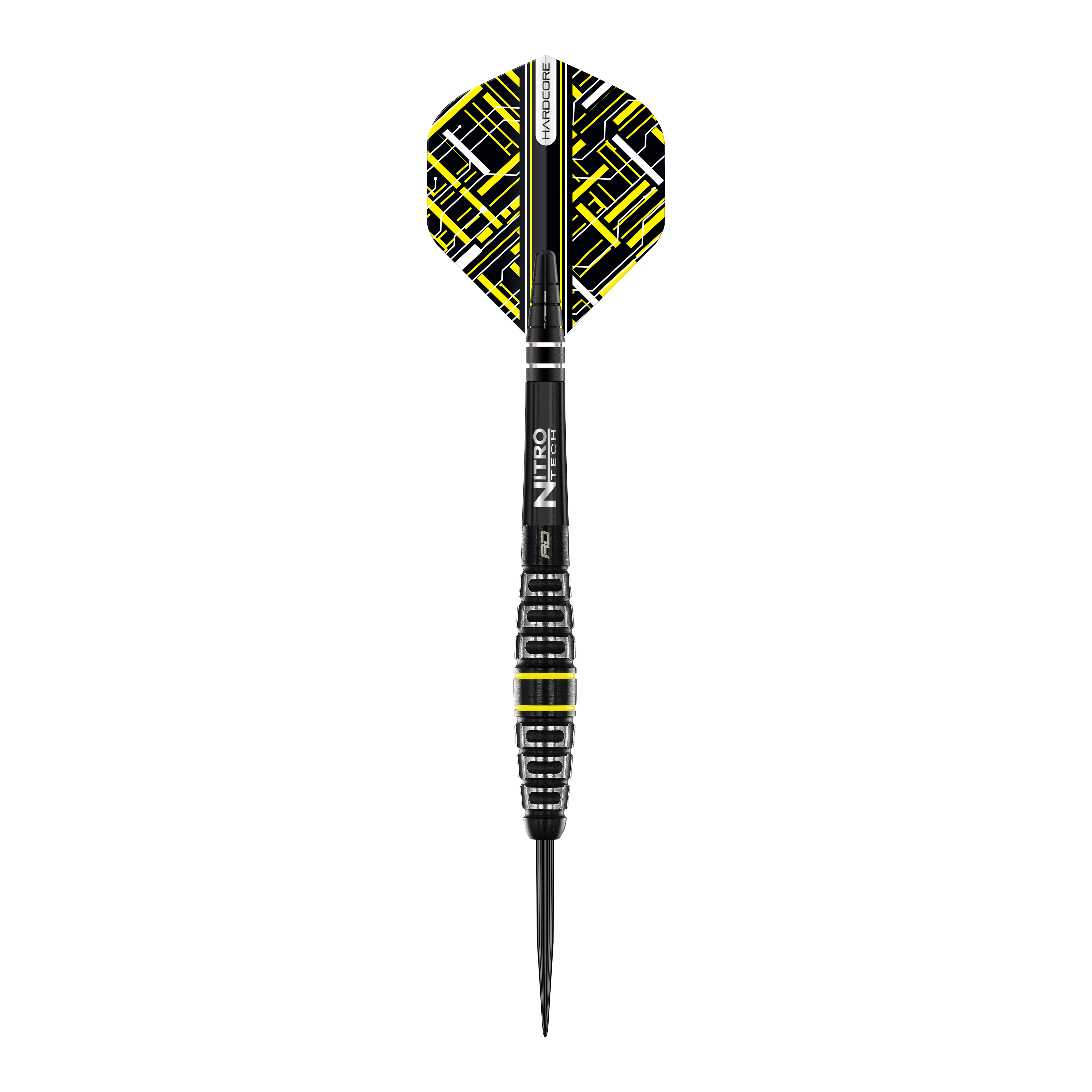 Red Dragon Astraeus Q4X Torpedo Steel Darts Das Bild zeigt einen Red Dragon Astraeus Q4X Torpedo Steeldart. Der Dart ist schwarz mit gelben und weißen Akzenten sowie einem auffälligen Muster auf dem Flight.