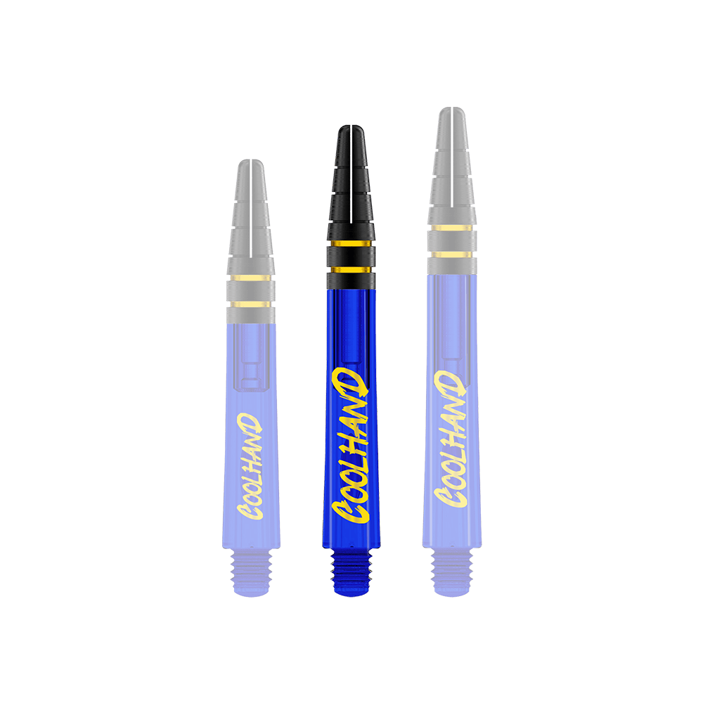 Auf dem Bild sind drei blaue Dart-Schäfte mit der gelben Aufschrift "COOLHAND" zu sehen. Die Schäfte haben schwarze und goldene Akzente am oberen Ende.