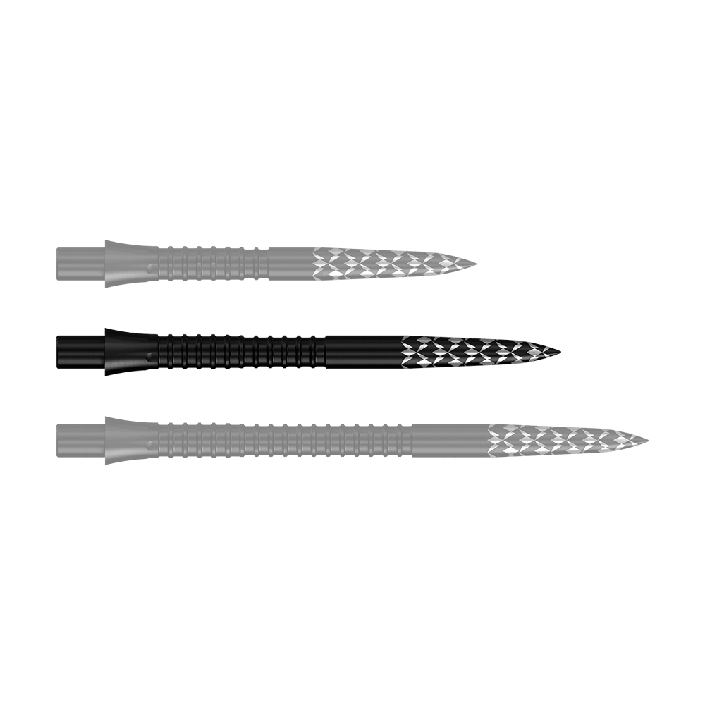 Punte per freccette Mission Caliburn EVO con logo GV - Nero Das Bild zeigt schwarze Steeldartspitzen mit einer Länge von 32 mm. Es handelt sich um die Mission Caliburn EVO GV-Logo Steeldartspitzen.