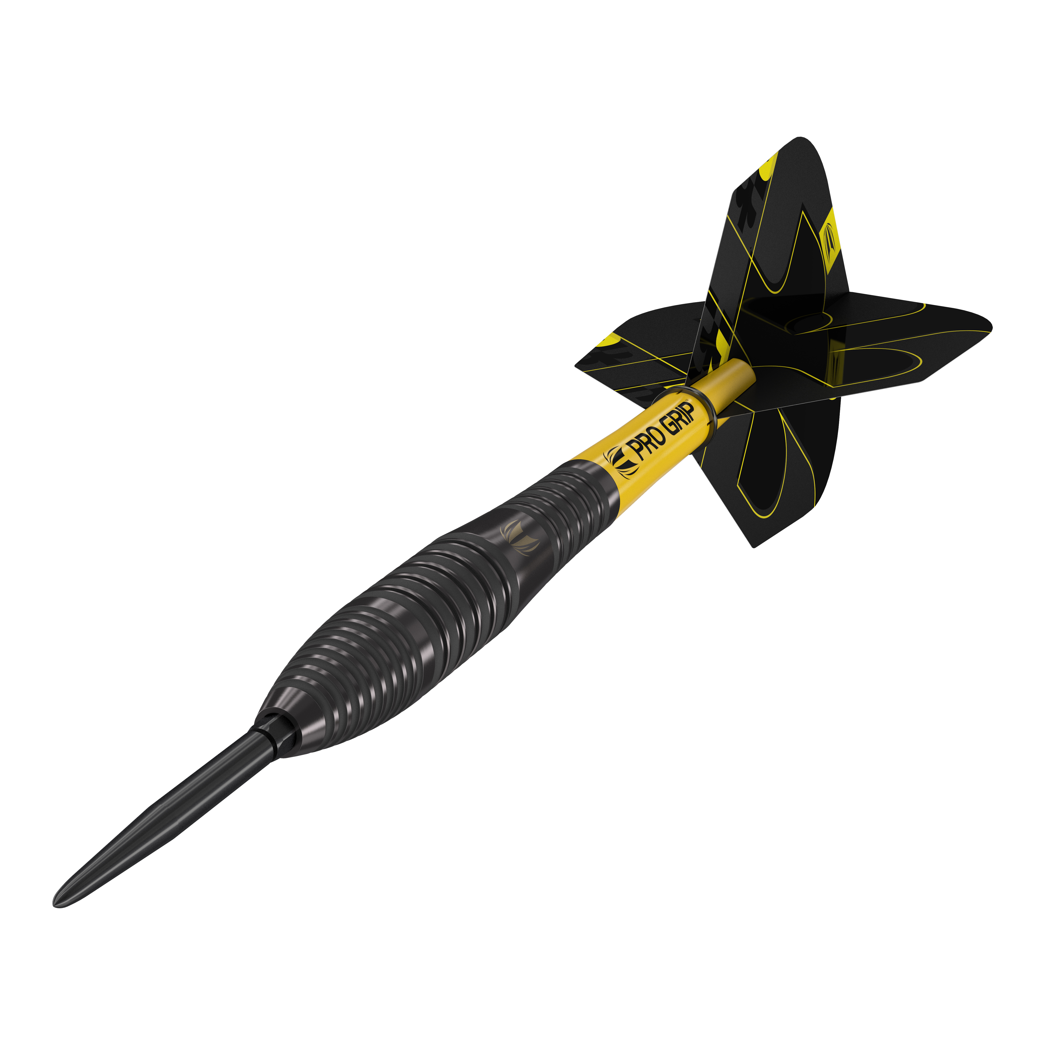 Freccette in acciaio Target Bolide Void 05 Swiss Point Das Bild zeigt einen Target Bolide Void 05 Swiss Point Steeldart. Der Dart ist schwarz mit gelben Akzenten und hat einen gerillten Griff sowie gelbe "Pro Grip"-Schriftzüge.