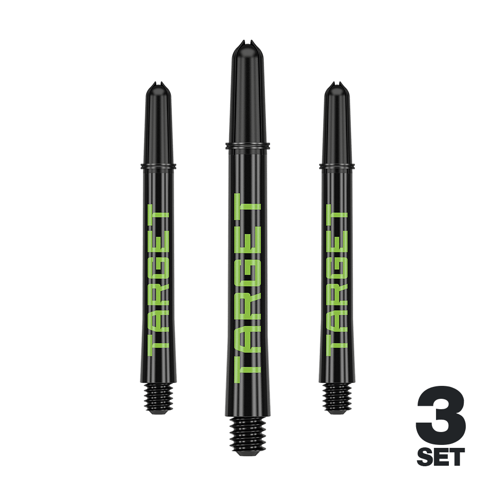 Aste Target Pro Grip TAG - 3 set - Nero Verde Mehrere Dart-Schäfte mit glatten Linien und dezenter Farbe sind abgebildet. Das Produkt ist ordentlich arrangiert.