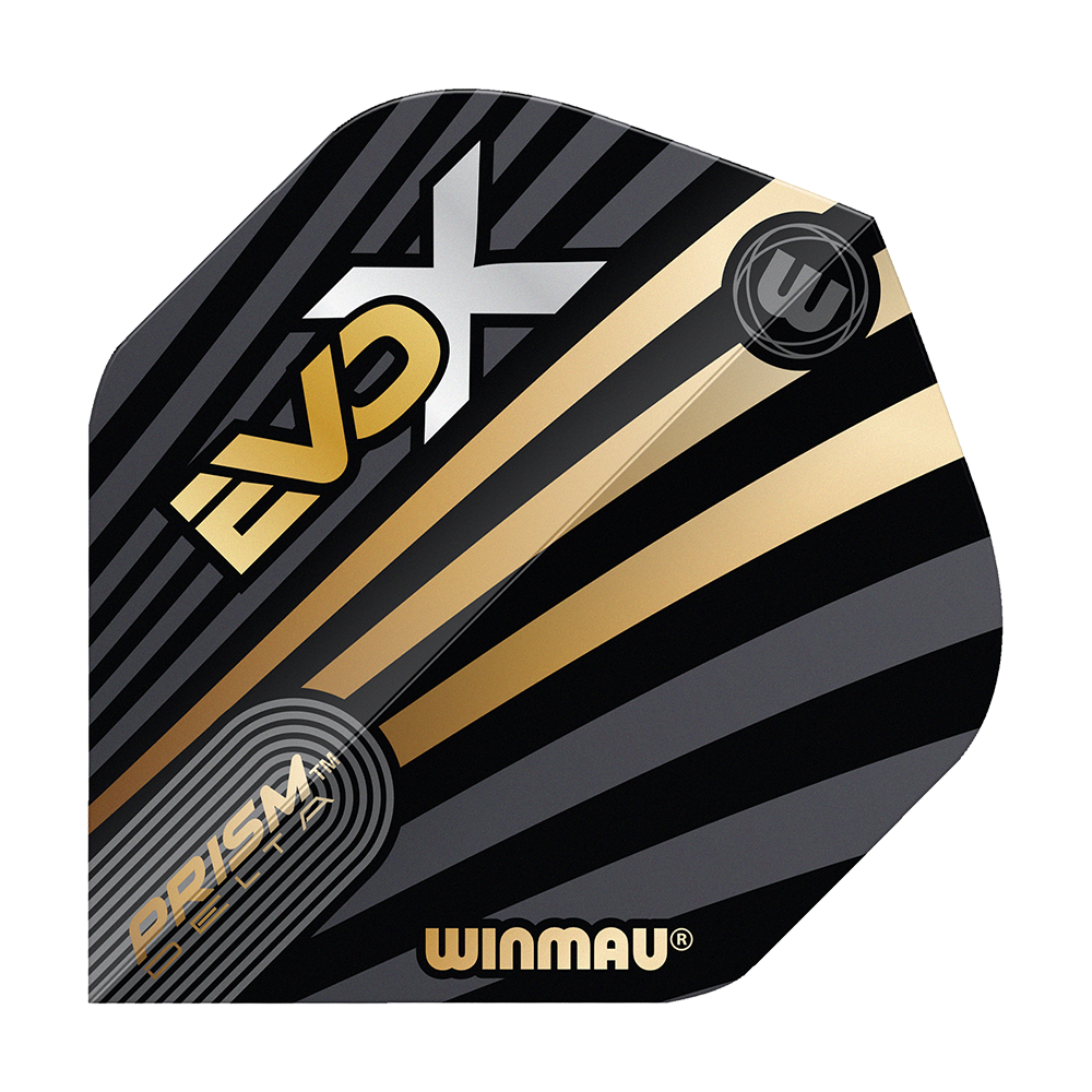 Voli standard Winmau Prism Delta MvG Evo-X No2 Das Bild zeigt ein Winmau Prism Delta MvG Evo-X No2 Standard Flight. Das Flight ist schwarz mit goldenen und grauen Streifen sowie dem Schriftzug "EVO-X" und "WINMAU".