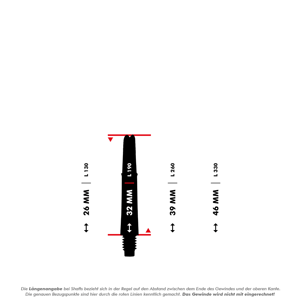 Das Bild zeigt eine schematische Darstellung eines Dart-Schafts mit Maßangaben. Es werden verschiedene Längen in Millimetern angegeben, die zwischen den roten Linien gemessen werden.
