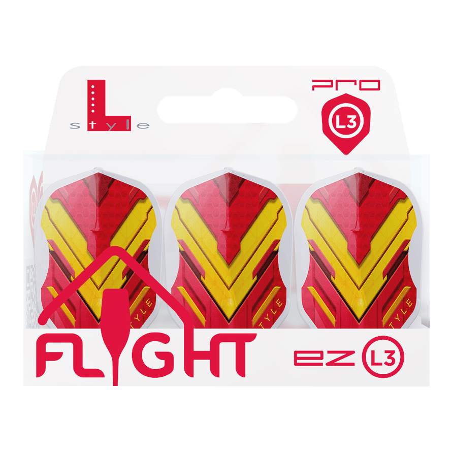 Alette L-Style V-Series V1 Tipo A Spagna Bianco Trasparente L3EZ Das Bild zeigt eine Packung mit drei Dart-Flights der Marke L-Style in den Farben Rot und Gelb. Auf der Verpackung steht „FLIGHT ez L3“ und oben rechts ist das Pro L3-Logo zu sehen.