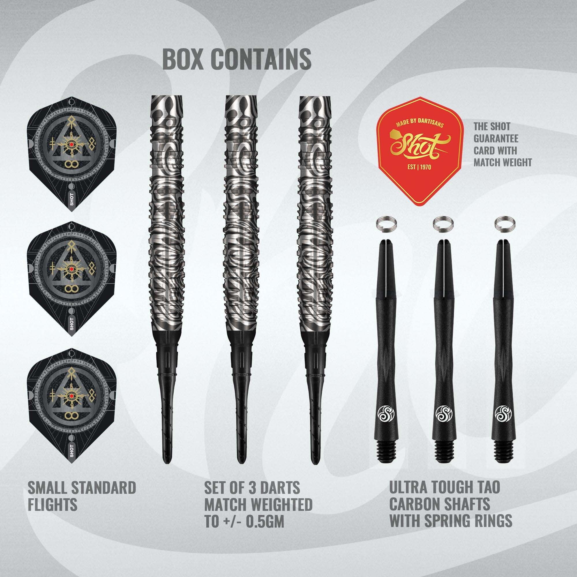 Freccette morbide Shot Alchemy Runstel - 20 g Zu sehen sind die Shot Alchemy Runstel Softdarts mit einem Gewicht von 20g. Sie bieten hohe Präzision und Spielkomfort.