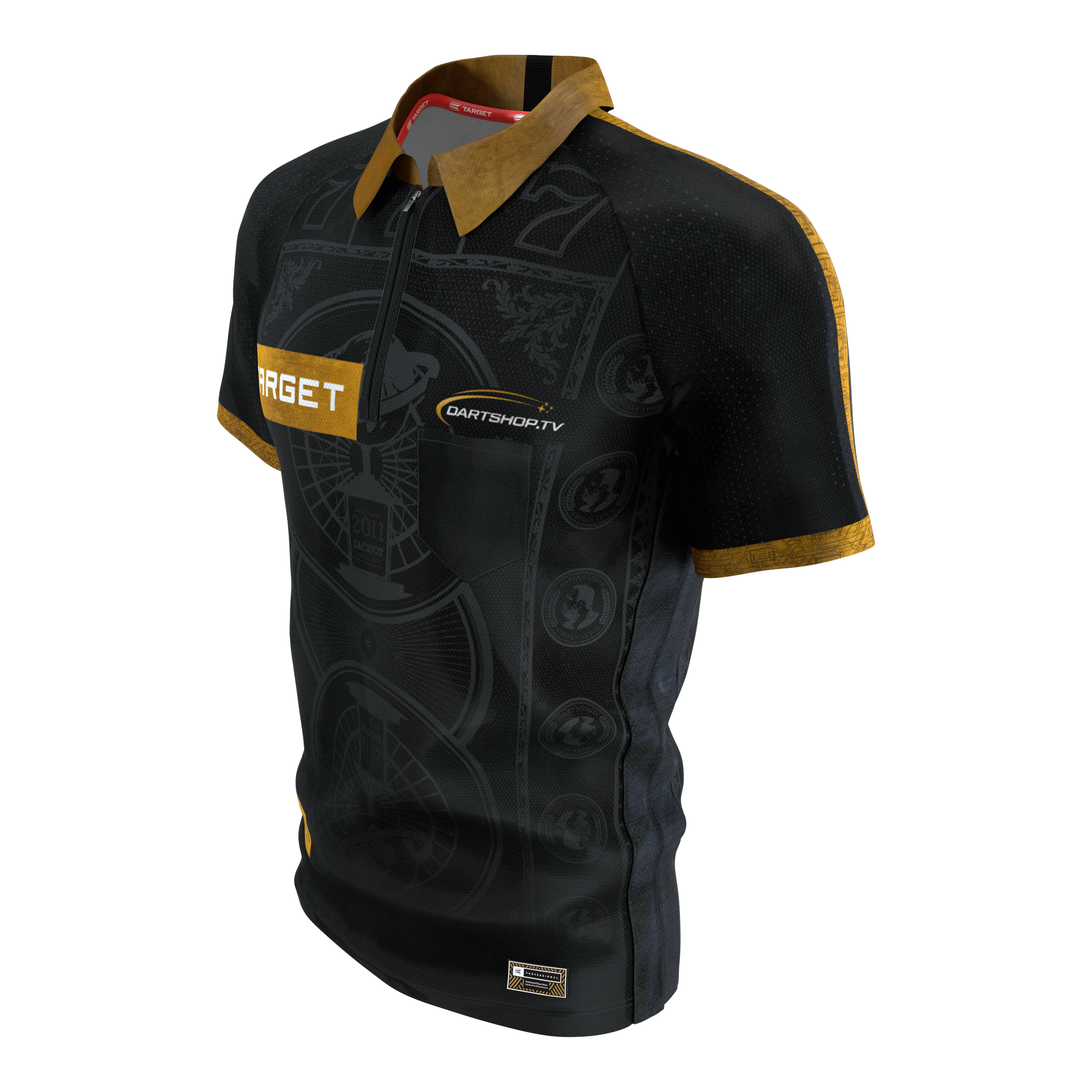 Maglietta da freccette Target Adrian Lewis 2026 Das Bild zeigt das Target Adrian Lewis Dartshirt 2026. Das Dartshirt ist ein offizielles Sporttrikot mit markantem Design.