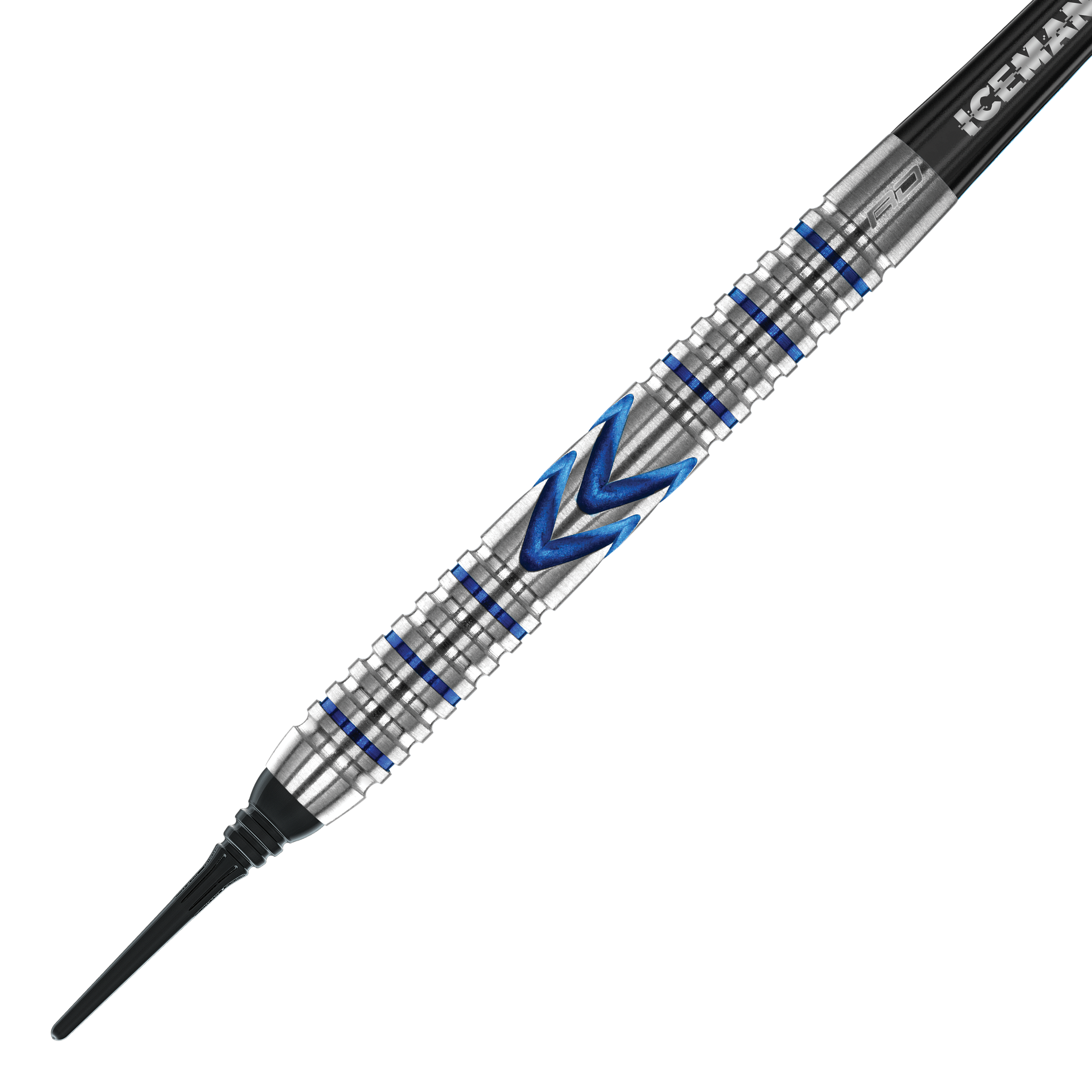 Freccette morbide Red Dragon Gerwyn Price Iceman Midnight Edition - 20 g Dies ist ein Softdart der Marke Red Dragon, Modell Gerwyn Price Iceman Midnight Edition mit 20 Gramm Gewicht. Der Dart hat ein silbernes Griffstück mit blauen Akzenten und einem markanten Zickzack-Muster.
