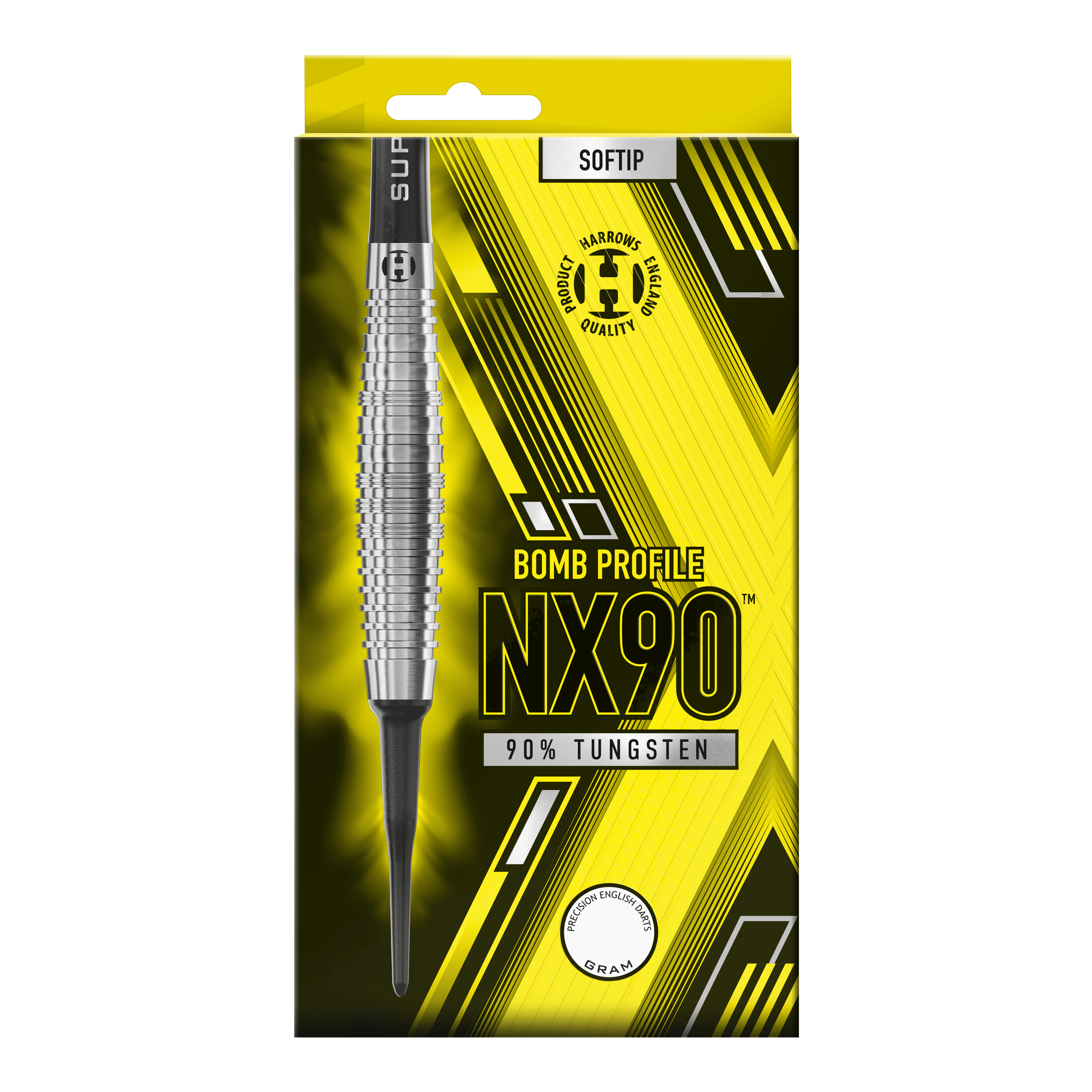 Freccette morbide Harrows NX90 Bomb Die Verpackung zeigt die "Harrows NX90 Bomb Softdarts" mit einem auffälligen gelb-schwarzen Design. Auf der Vorderseite steht, dass die Darts aus 90% Tungsten bestehen und eine Bombenform haben.