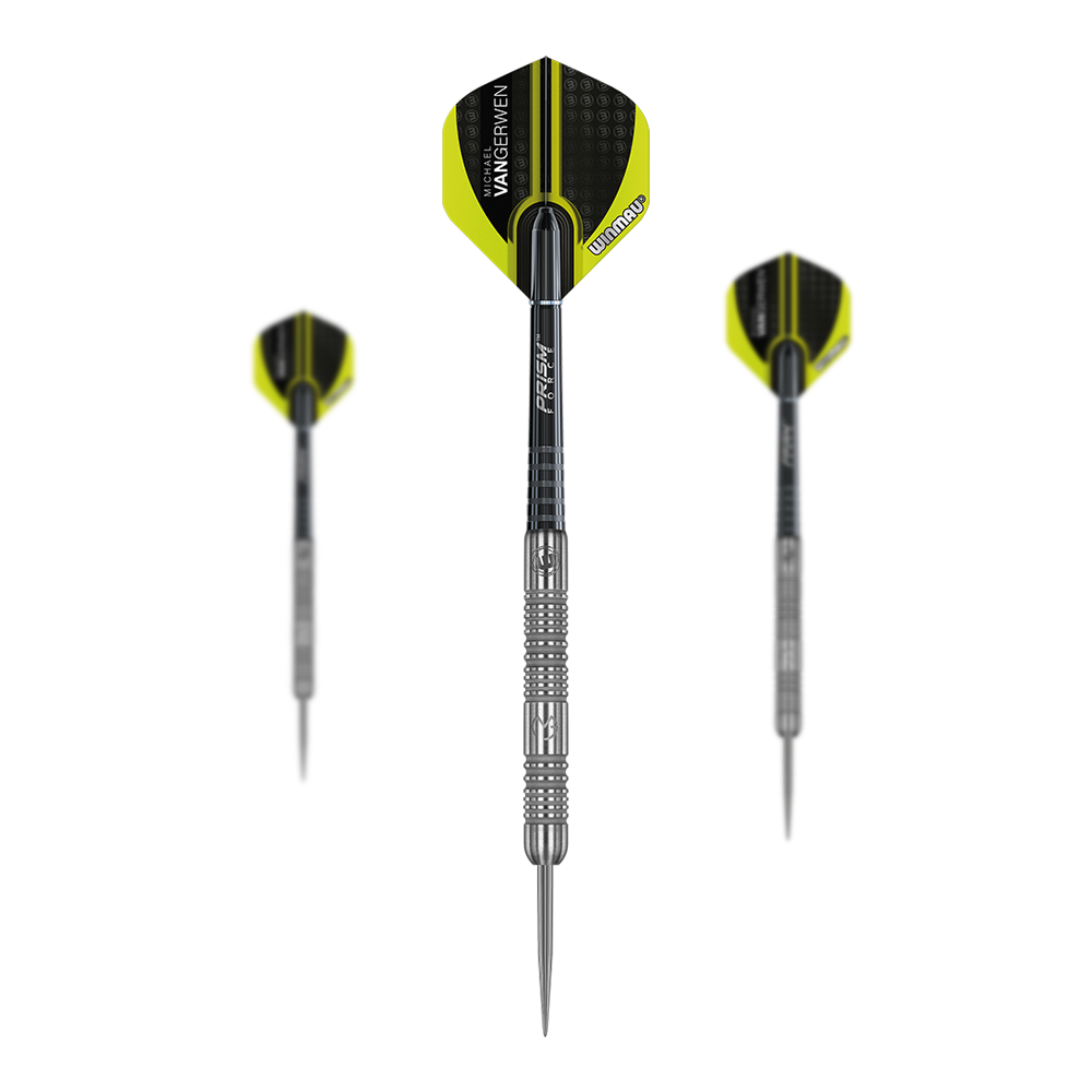 Winmau Michael Van Gerwen MvG Authentic Steeldarts Das Bild zeigt drei Winmau Michael Van Gerwen MvG Authentic Steeldarts. Die Darts haben silberne Spitzen und Schäfte sowie gelb-schwarze Flights mit der Aufschrift „Van Gerwen“.