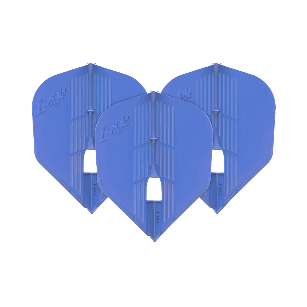 Alette L-Style KAMI L3PRO Das Bild zeigt drei blaue Dartflights der Marke L-Style. Sie sind nebeneinander aufgereiht und haben eine moderne, strukturierte Oberfläche.