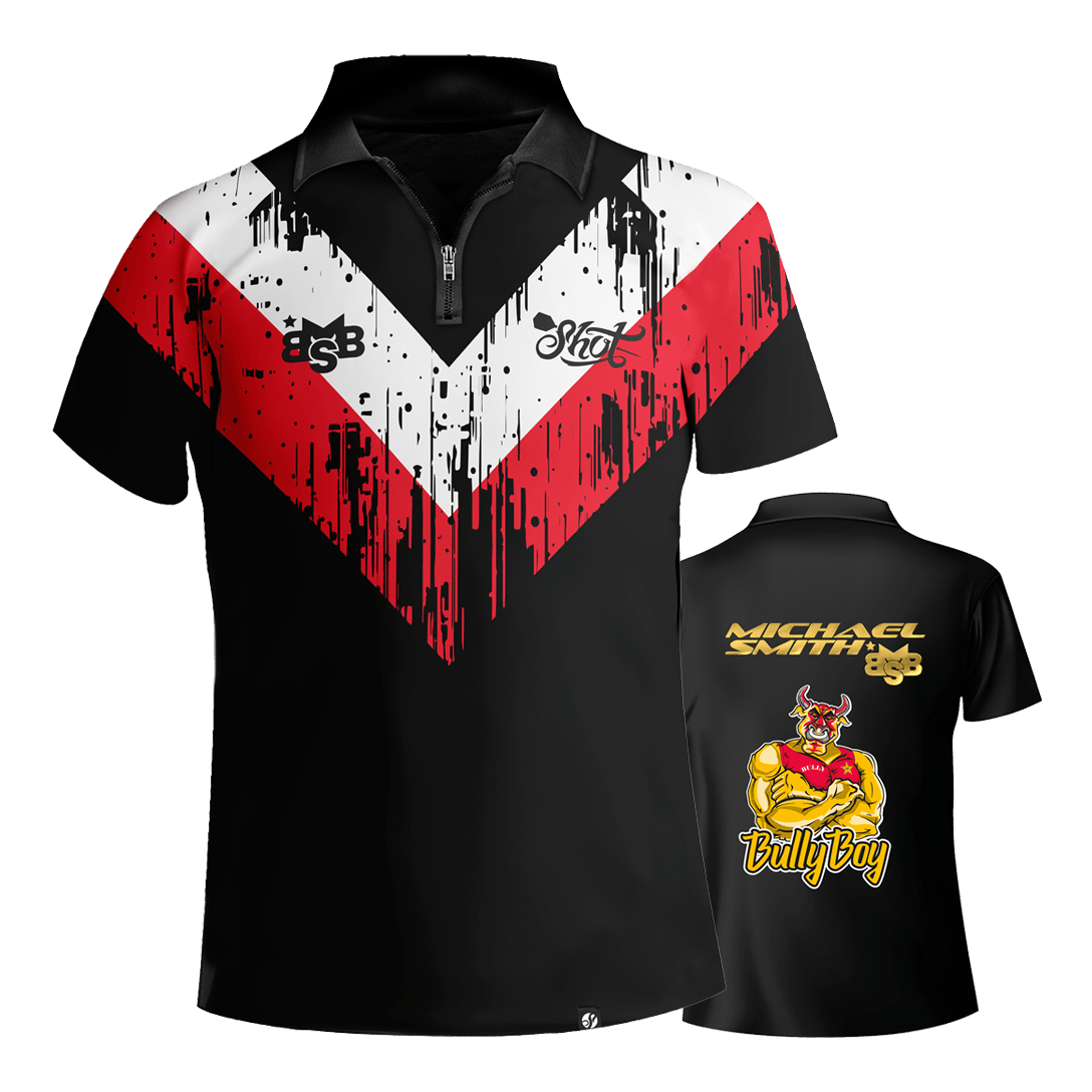 Maglietta con freccette a righe bianche di Shot Michael Smith Das Bild zeigt das Shot Michael Smith White Stripe Dartshirt mit auffälligem roten und weißen Streifenmuster auf schwarzem Grund. Auf der Rückseite sind der Name "Michael Smith", das Logo "Bully Boy" und eine Zeichnung eines muskulösen Stiers zu sehen.
