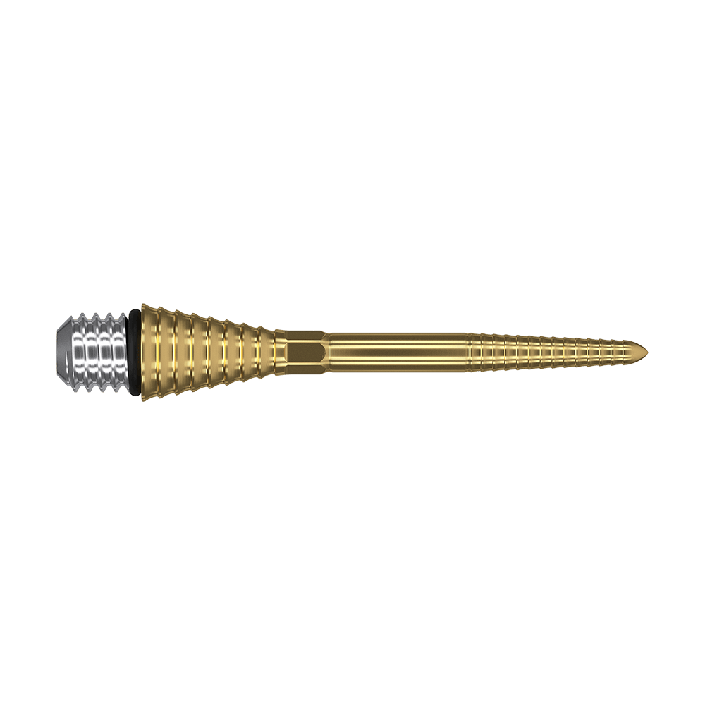 380179_Target_Titanium_Swiss_Point_Grooved_Conversion_Points_Gold_30mm_2 Das Bild zeigt eine goldfarbene, gerillte Dartspitze mit Schraubgewinde. Sie besteht aus Metall und hat eine konische Form.