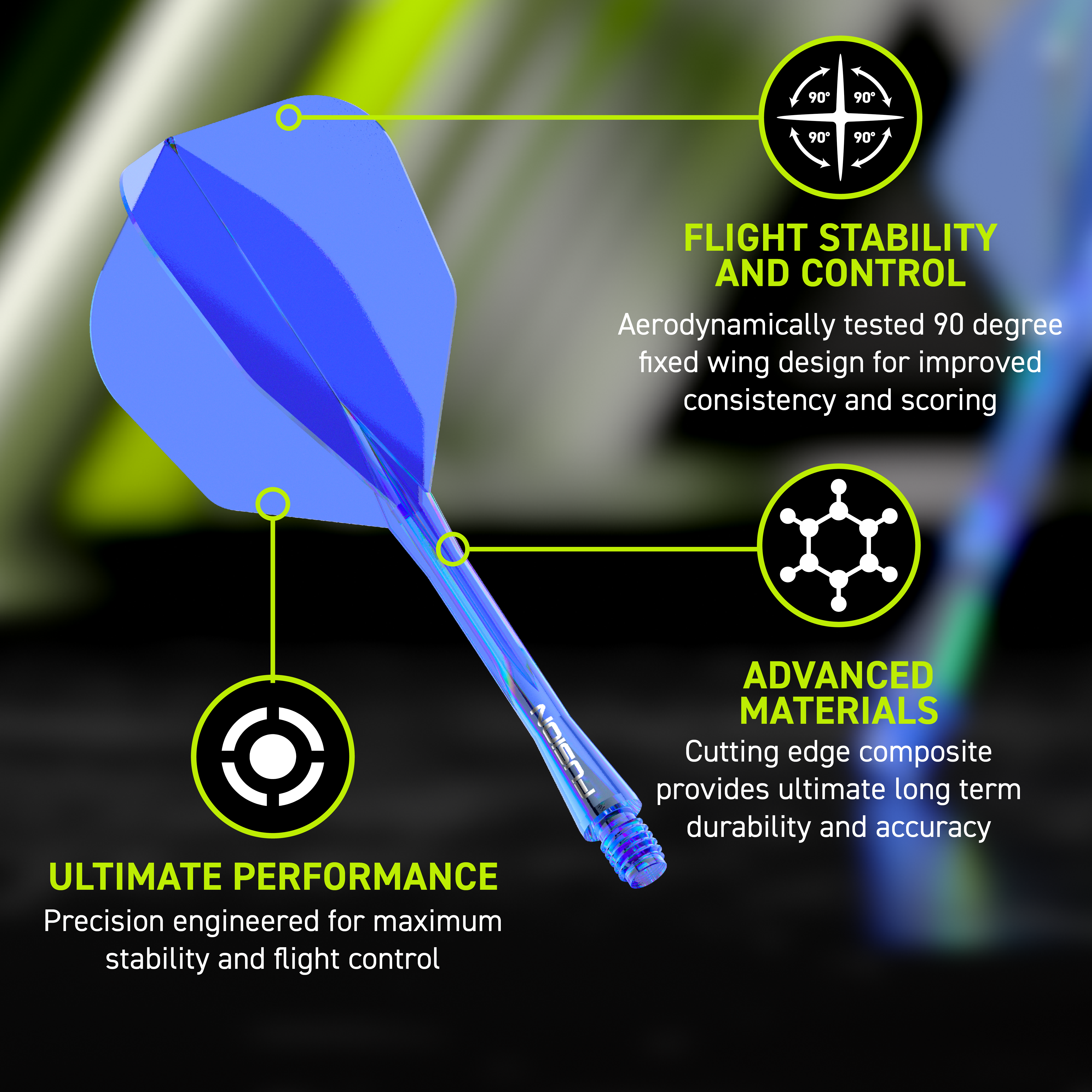Sistema di alberi di volo a fusione Winmau n. 6 blu Das Winmau Fusion Flight-Shaft-System No6 in Blau ist zu sehen. Es bietet eine moderne Lösung für Dartspieler.